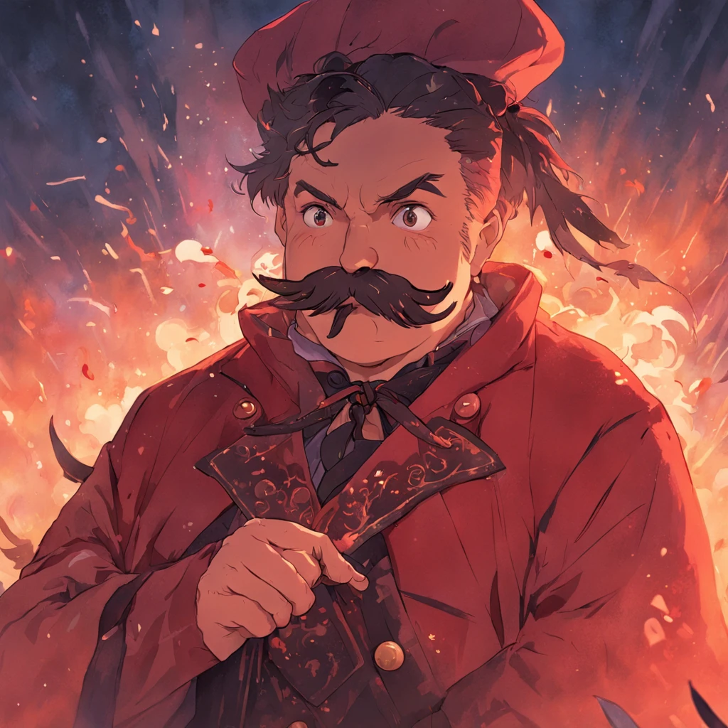 A fat Cossack with a mustache and forelock eats borscht