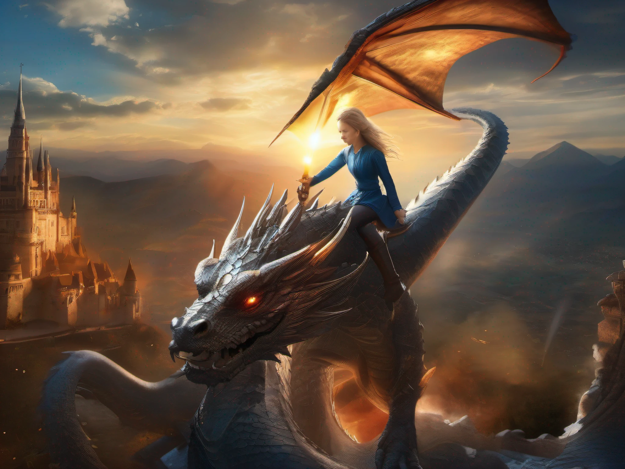 (Best Quality, Masterpiece: 1.1), (Realistic: 1.4), Beautiful girl is riding on the dragon, flying in the sky, god ray ,teen, silver short hair, blue eyes, over the castle, fractal art,Girl holds a sword in her right hand、Dragon breathes fire from its mouth，The castle is on fire、sunshain