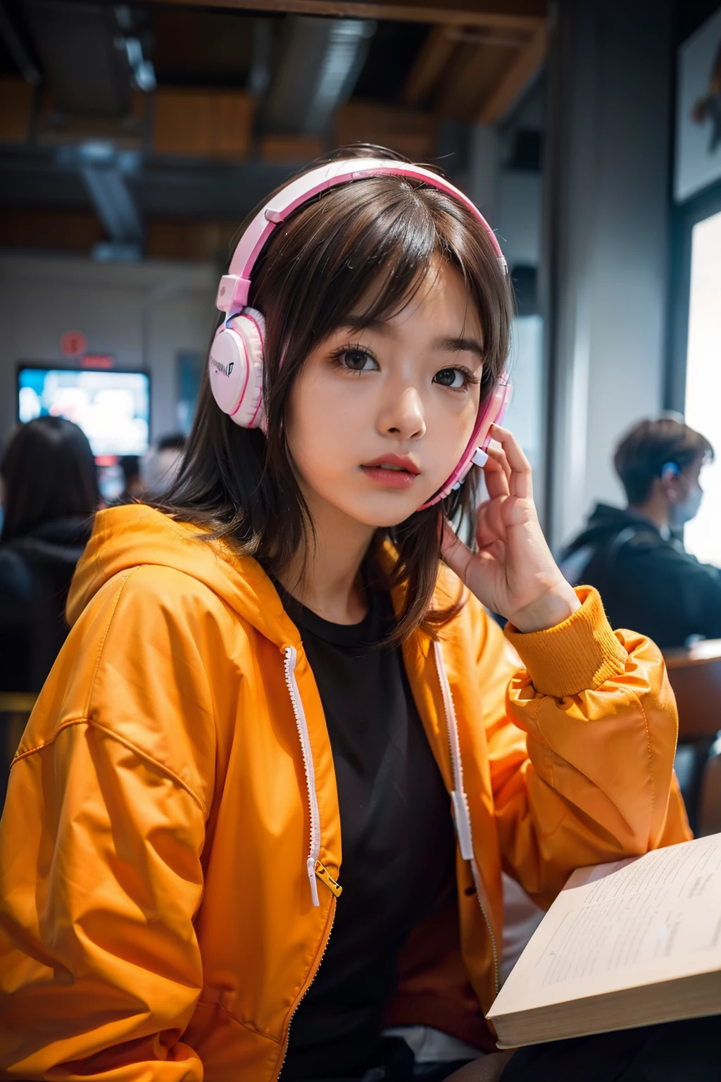 （（best qualtiy）），（（tmasterpiece）），（（Realistis））Hyper-detail photography with book kids wearing neon headphones。She's having（（brunette color hair）），Wear an orange tech jacket，Exuding（（Beauty and aesthetics））The atmosphere。Bigchest