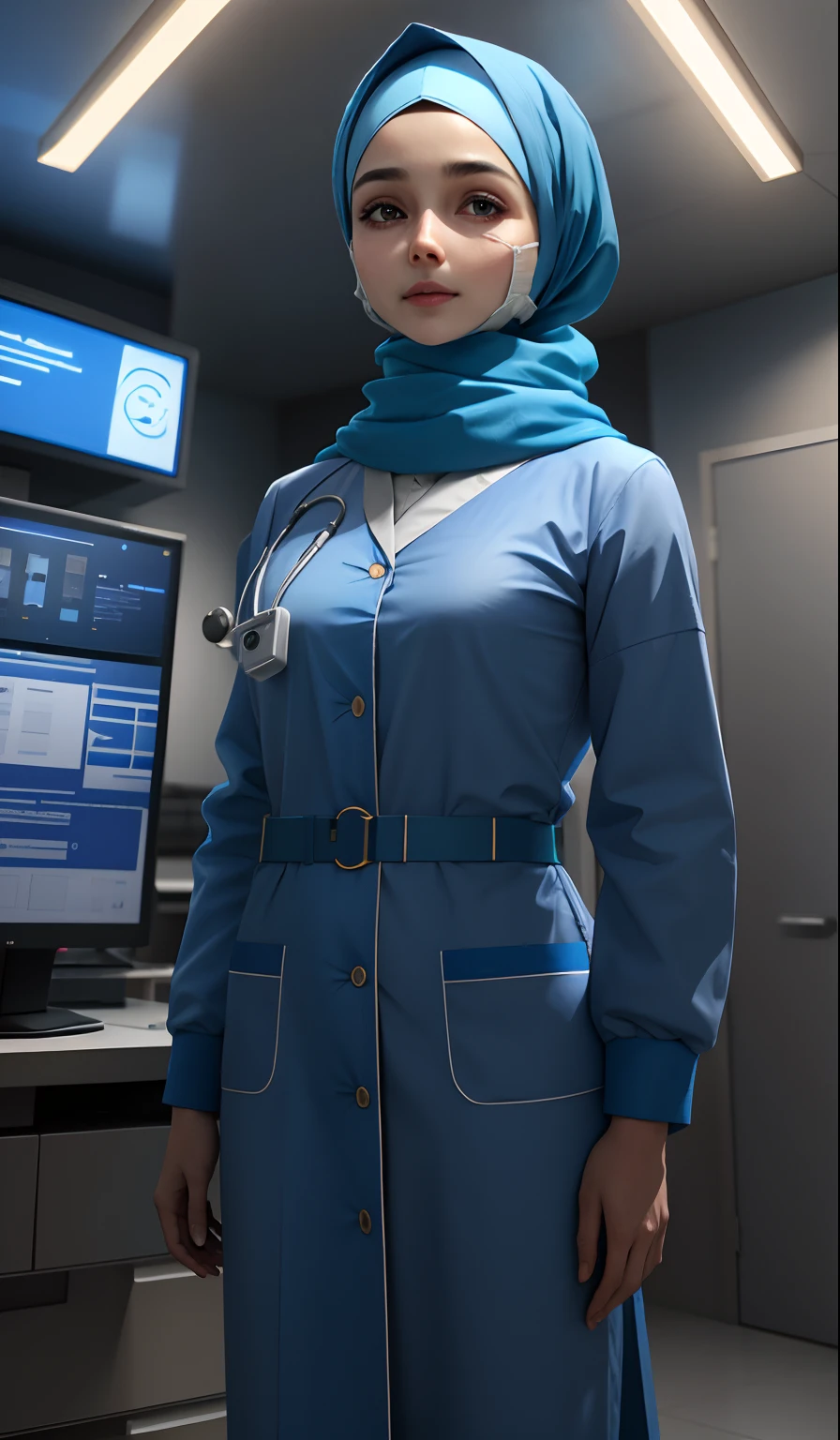 4K, Realstic, Very detailed, dentiste, Blue theme, soft clothes, portent hijab, in a doctor's gown
