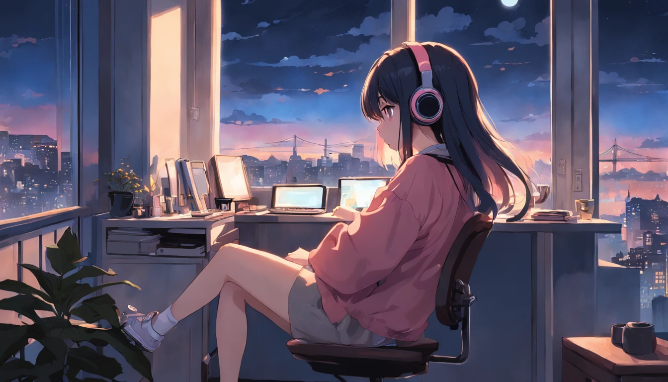 portlate、512、lo-fi、Girl in headphones sitting on a chair、Napping at your desk、Eyes closed、City view outside the window、early evening、PastelColors、Painting