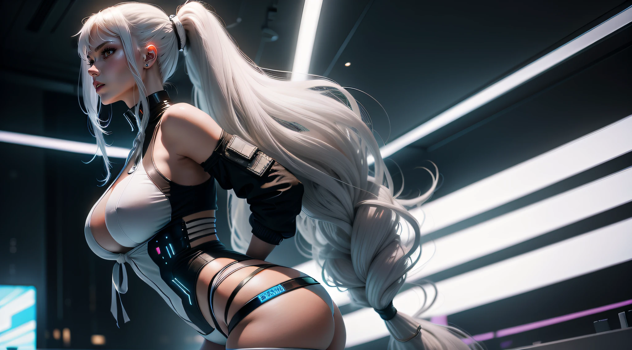 long whitr hair，Tie a ponytail，White tights in cyberpunk style，Tall and tall，huge tit