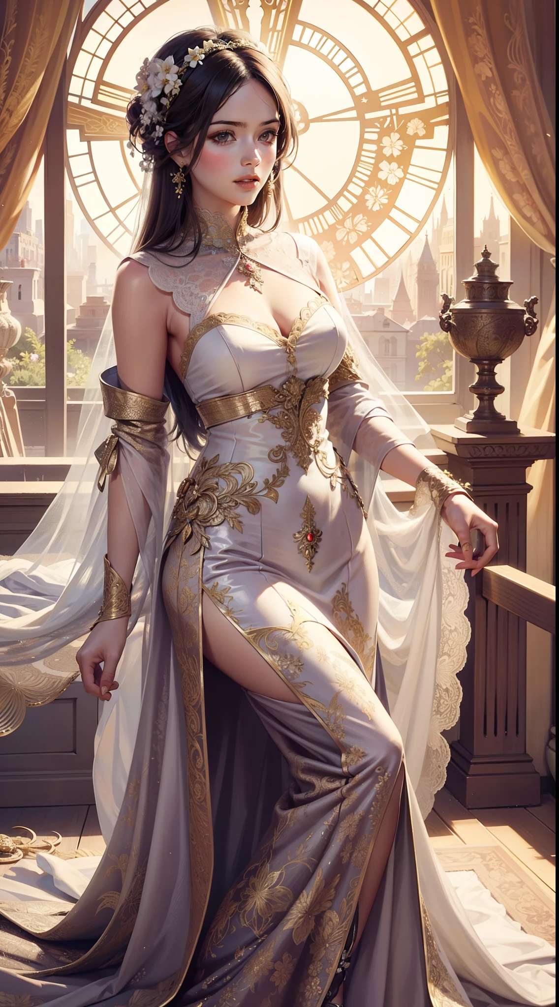 Beautiful woman in intricate Art Nouveau and floral costumes