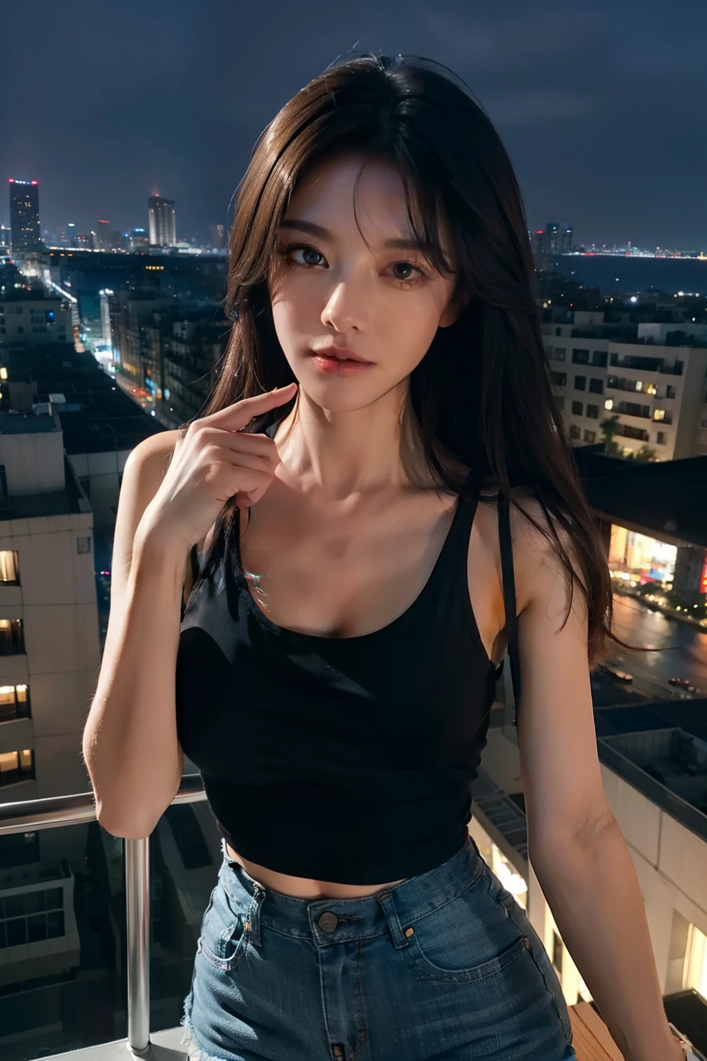 ((Midnight, Best quality, 8k, Masterpiece :1.3)), Whole body, Long legs, Sharp focus :1.2, A pretty woman with perfect figure :1.4, Slender abs :1.1, ((Dark brown hair, Big breasts :1.2)), (White tight tshirt, Jean bib, Standing:1.2), ((Night city view, Rooftop:1.3)), Highly detailed face and skin texture, Detailed eyes, Double eyelid