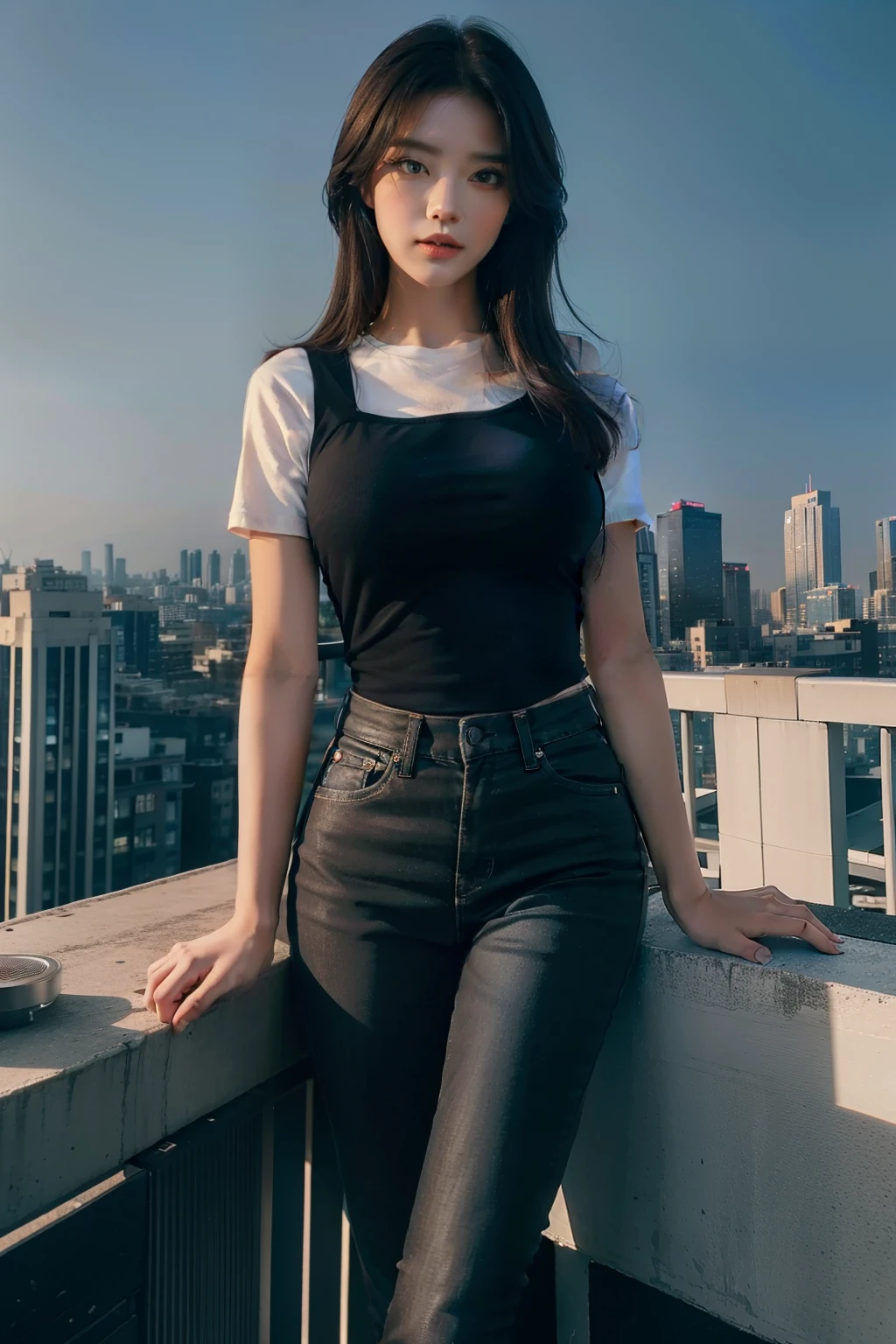 ((Midnight, Best quality, 8k, Masterpiece :1.3)), Whole body, Long legs, Sharp focus :1.2, A pretty woman with perfect figure :1.4, Slender abs :1.1, ((Dark brown hair, Big breasts :1.2)), (White tight tshirt, Jean bib, Standing:1.2), ((Night city view, Rooftop:1.3)), Highly detailed face and skin texture, Detailed eyes, Double eyelid