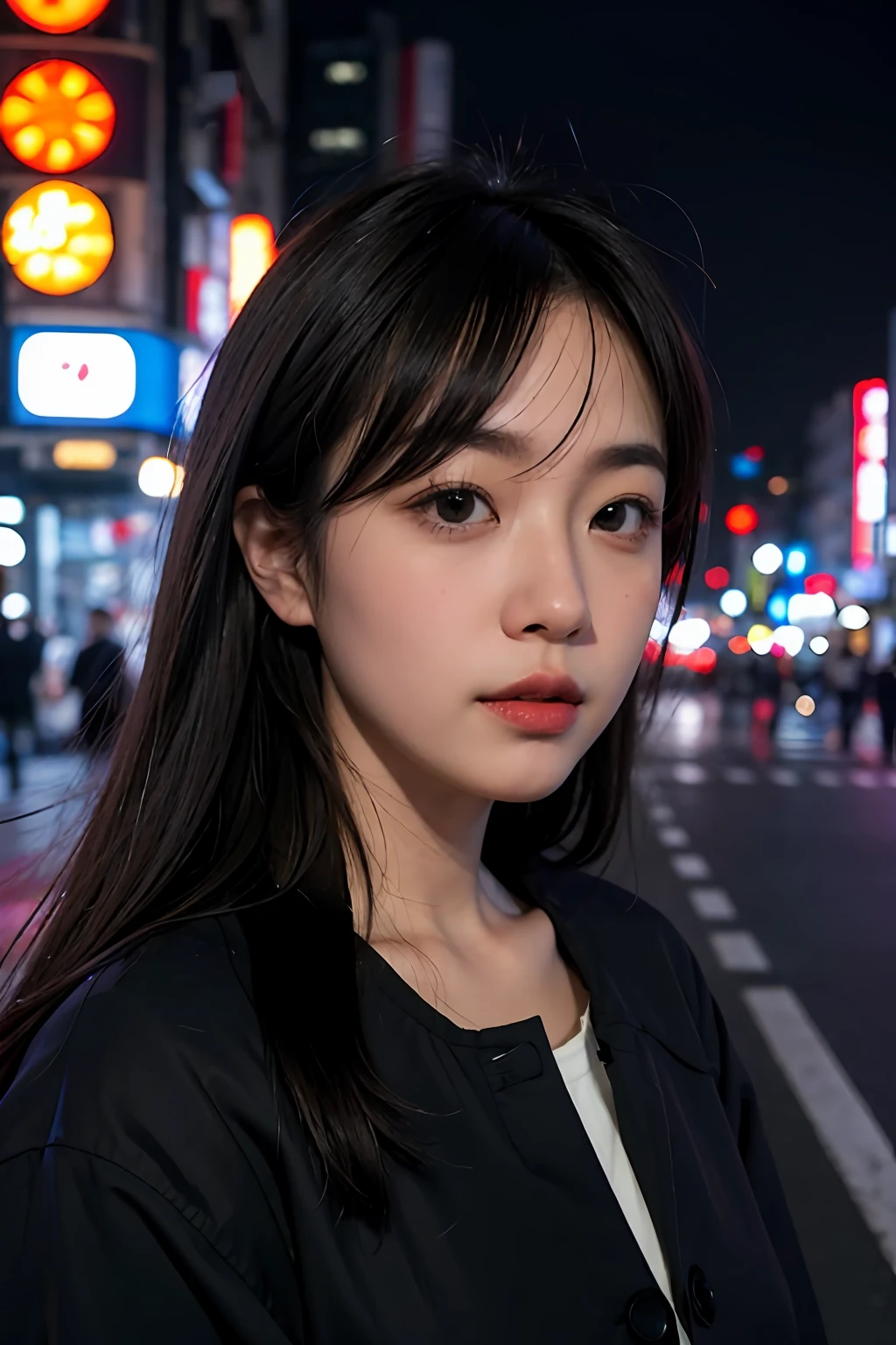 1girl, Tokyo street,night, cityscape,city lights, upper body,close-up, 8k, RAW photo, best quality, masterpiece,realistic, photo-realistic,