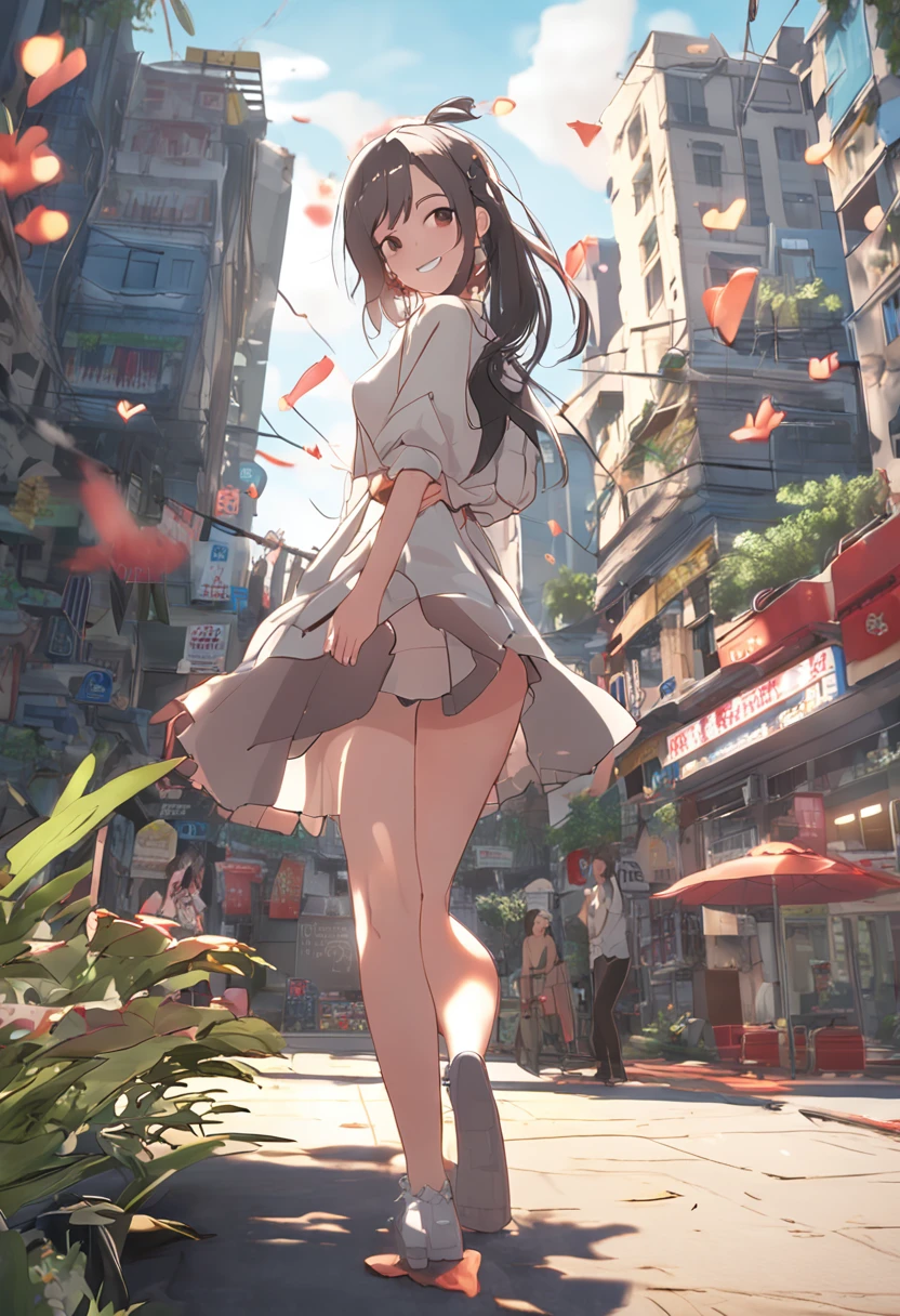 the Extremely Detailed CG Unity 8K Wallpapers、top-quality、ultra-detailliert、​masterpiece、realisitic、Photo Real、extremely detailed cute girl、20yr old、Rear view, Shirts without buttons, excited and longened nipples,, small tits, a frilled miniskirt, ((skirt lift by yourself)))、(Lifted by yourself)、(Show your ass), (Lifted so that the buttocks are visible), No panties、ass forcus、red blush、Shy smile、looking at the viewers、Semi-body shot、(crowd)、(Crowded city), (Forest of buildings), hair wavy