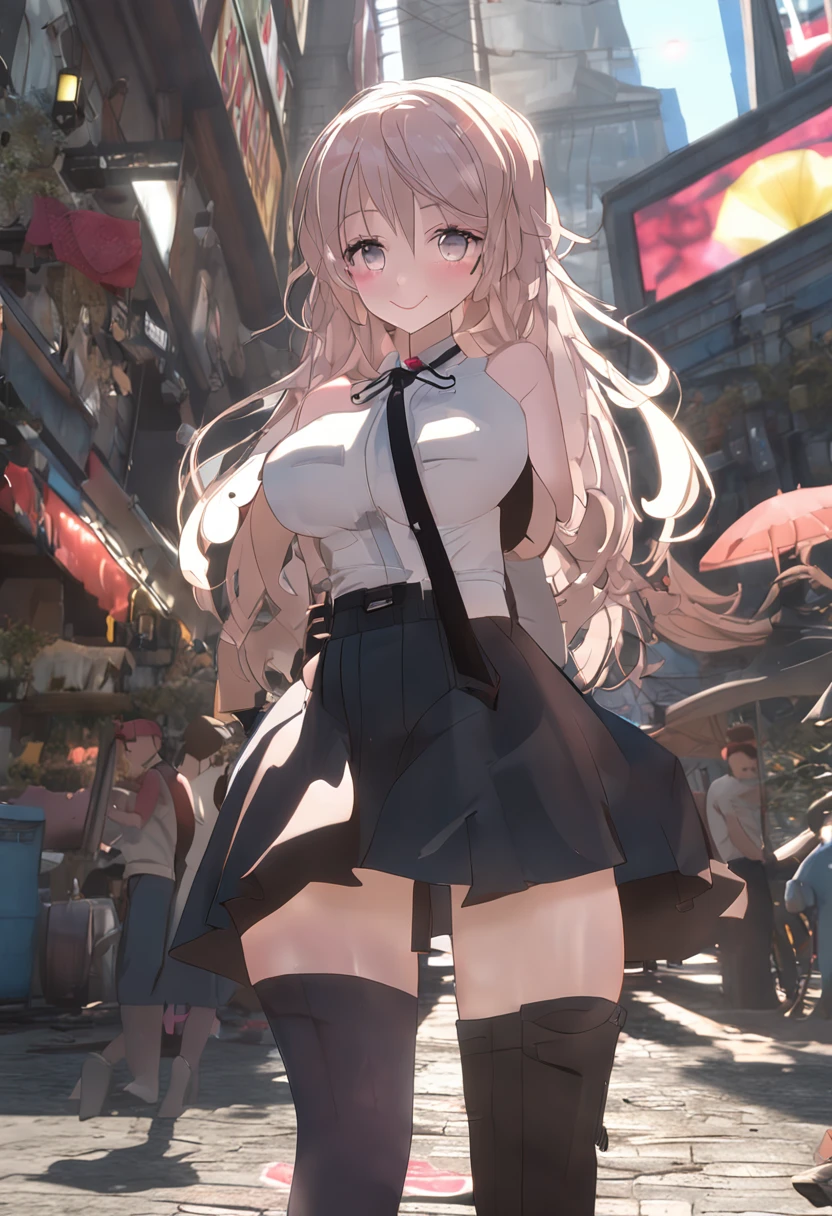 Highly detailed CG Unity 8k wallpaper, best quality, highly detailed, masterpiece, Highly detailed cute girl, 1, (((lifting skirt by herself))), (lifting by herself), dynamic angles, sexy pose, blush, lips apart, looking at the audience , half body shot, (crowd), (crowded big city)), hair over one eye, immaculate beauty, upscale, less revealing clothing