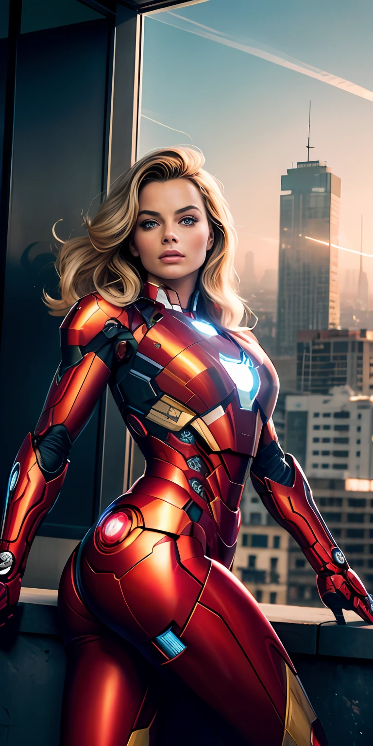 (Margot Robbie: 1.3), solo. __Partes del cuerpo__, arte oficial. Fondo de pantalla de 8k. Unidad ultra detallada, beautiful and aesthetic. Obra maestra, mejor calidad. RAW, obra maestra. Super fine photo, mejor calidad. resolution super tall, fotorrealista, luz del sol. Retrato de cuerpo completo, unbelievably beautiful. dynamic  pose, rostro delicado, ojos vibrantes (vista lateral). Lleva un mech futurista de Iron Man, rojo y dorado. Fondo de una ciudad destruida por bombas, altamente detallado. Cara detallada, fondo ocupado y complejo, detallado y desordenado, hermoso y lechoso. Piel muy detallada, con detalles realistas de la piel y poros visibles. foco nítido, volumetric mist. 8k UHD, High quality DSLR camera, with film grain. Piel clara, fotorrealismo, lomografía. Sprawling metropolis in a futuristic dystopia, vista desde abajo, translucid.