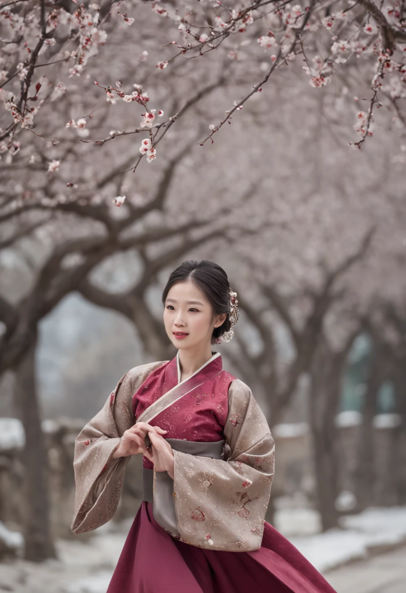 (Blurred foreground:It was snowing heavily:2.0,),(A lot of plum blossoms fall:1.6),(Chinese Song Dynasty beauty dancing in skirt),(anatomy correct,Korean star face,ssmile,The hands and face are very delicate and clear),(Stand in the middle of a quaint courtyard,Plum tree,Chinese elements,Winter clothing,There are falling snow and plum blossoms on the clothes),(wide angles,Ultra HD details,Masterpiece, hyper HD, Super detail, High details, Best quality, A high resolution, Award-Awarded, 8K),(Chinese premium color scheme,电影灯光)