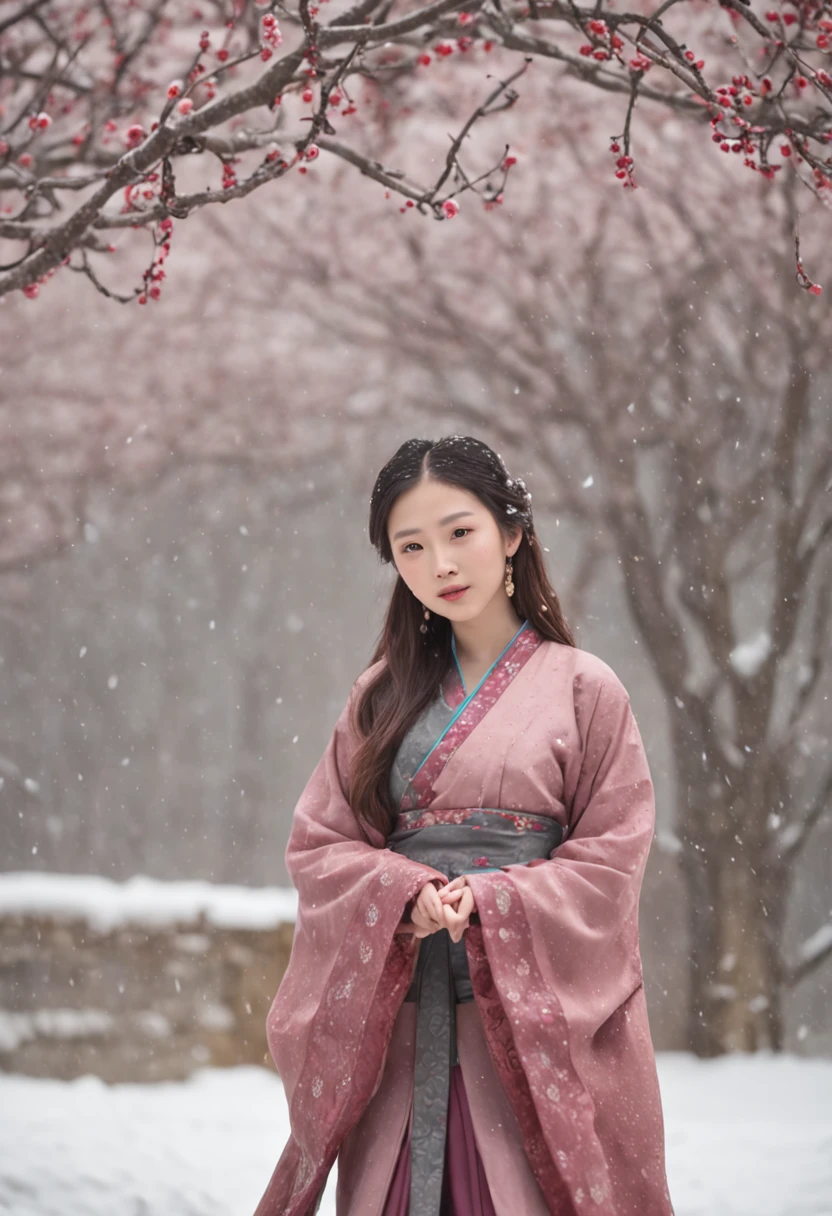 (Blurred foreground:It was snowing heavily:2.0,),(A lot of plum blossoms fall:1.6),(Chinese Song Dynasty beauty dancing in skirt),(anatomy correct,Korean star face,ssmile,The hands and face are very delicate and clear),(Stand in the middle of a quaint courtyard,Plum tree,Chinese elements,Winter clothing,There are falling snow and plum blossoms on the clothes),(wide angles,Ultra HD details,Masterpiece, hyper HD, Super detail, High details, Best quality, A high resolution, Award-Awarded, 8K),(Chinese premium color scheme,电影灯光)