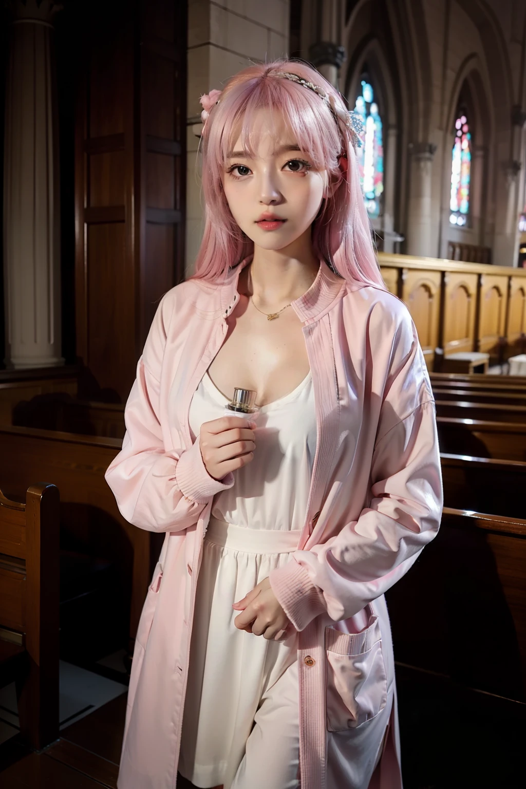 1girl in、nightcity、Sateen、Coat、seminude、absurderes, A high resolution, ((masutepiece)), anime big breast、((Best quality)),(lense flares)、 (Ultra-detailed), (Beautiful), ((kawaii girl)), 独奏,(14years:1.6)、Beautiful face、White skin、inside a church、There is a very cute big stuffed toy.........Shiny casual wear、Light pink hair