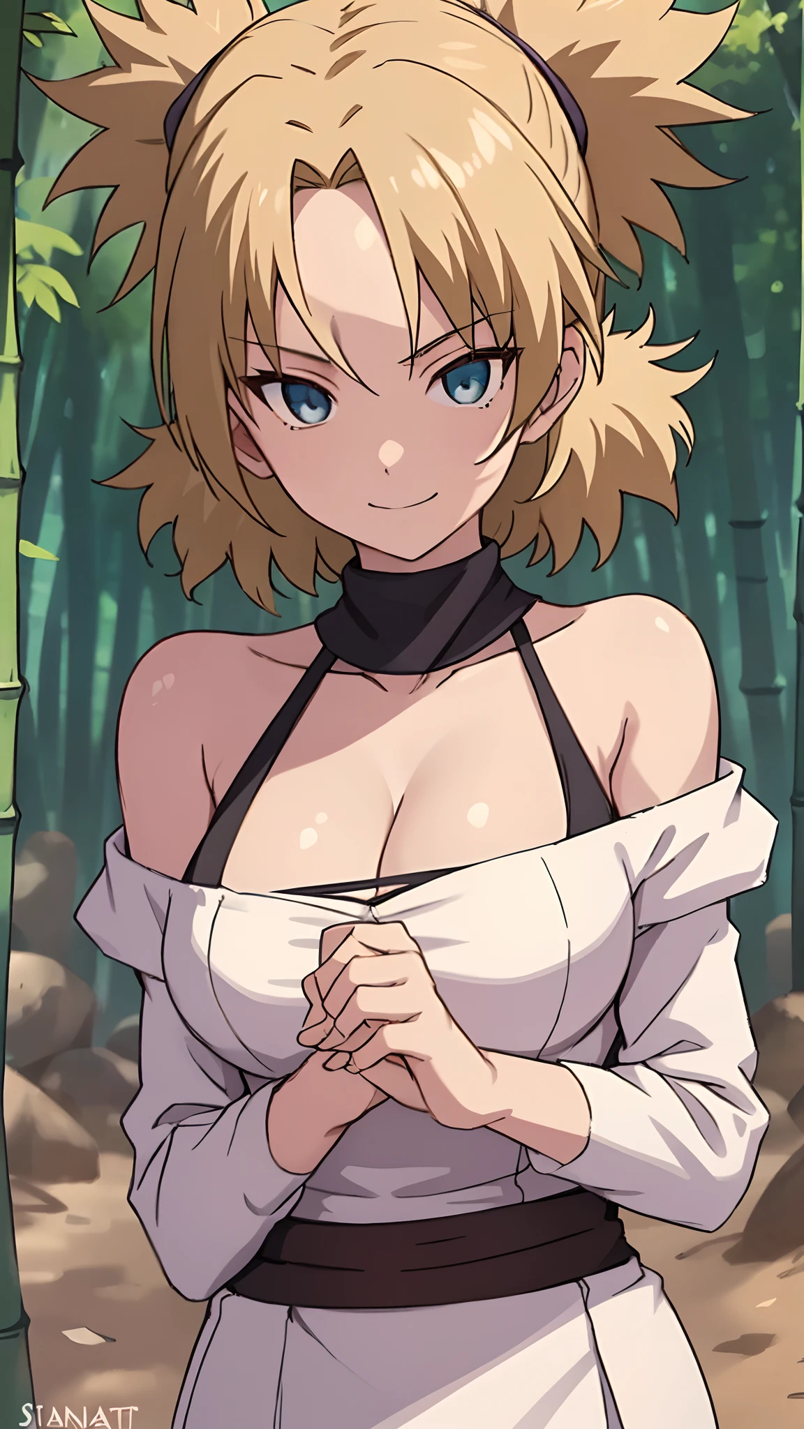 tmasterpiece, best quality, 1girl, The upper part of the body,cleavage,White clothes,bamboo forrest,ninjartist,Off-the-shoulder attire,looks into camera,Be red in the face,ssmile,largeeyes,Close-up,Huge fan