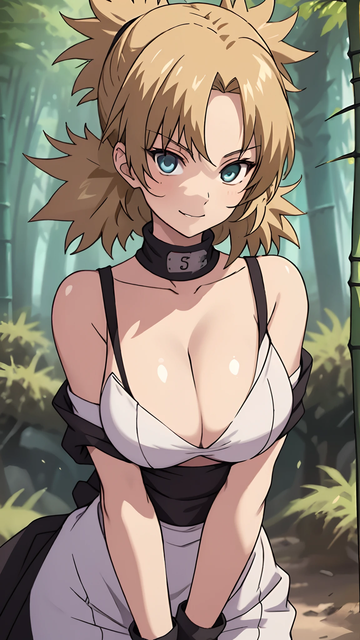 tmasterpiece, best quality, 1girl,  The upper part of the body,cleavage，White clothes，bamboo forrest，ninjartist，Off-the-shoulder attire，looks into camera，Be red in the face，ssmile，largeeyes，Close-up，Huge fan