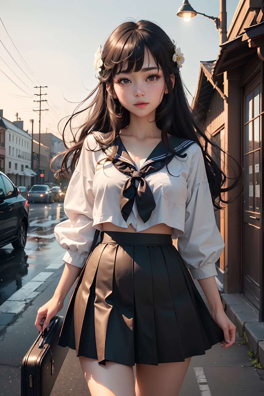 1girl, cute, , sexual expression, look at viewer, spaghetti strap top ,high waist short skirt, photo, realistic, best quality, hires, detailed face, detailed background, diffused lighting, depth of field, bokeh, thighhighs