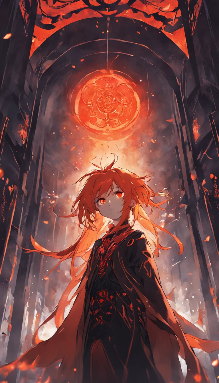 Anime Shinigami blackened, Red eyes, Long orange hair, Oriental elements, In the dark, (Classic Black Outfit:1.2), Stand in the temple at night, (Messy orange hair:1.1), (Red eyes that glow red:1.2), (Calm expression:1.1), (Uncovered Eyes:1.1), (Strong presence:1.2), (Enigmatic Atmosphere:1.2), (Subtle Moonlight:1.1), (Intricate temple architecture:1.2), (Ominous Shadows:1.1), (Flowing robes:1.1), (Detailed folds and creases:1.1), (Intense Blue Aura:1.2), (A symbol of power around him:1.1), (Magical energy radiation:1.2), (Spellcasting Gestures:1.1), (Mystical Artifacts:1.1), (Ethereal particles:1.1), (Dynamic pose:1.2), (epic soundtrack:1.2), (sense of awe:1.1), (Magical prowess:1.1)