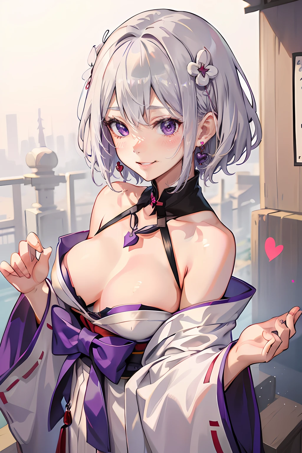 1 girl, short hair, silver hair, white hair, purple eyes, masterpiece, small breast, absurdres, messy hair, cute smile, winking, blushing, nice hands, girl in clothing of Japanese shrine maidens, (heart in the pupils:0.2), floating heart, heart earrings, full-face blush