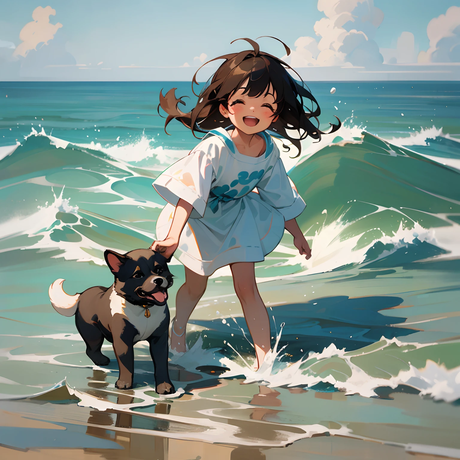 Sunny cute little girl, playing in the water, splashing, smiling, there is a puppy on the shore trying to go into the sea and timid, a paw testing the sea, the girl looks at the puppy and laughs. The painting style is sunny, and the little girl's clothes should have a spring and summer feeling