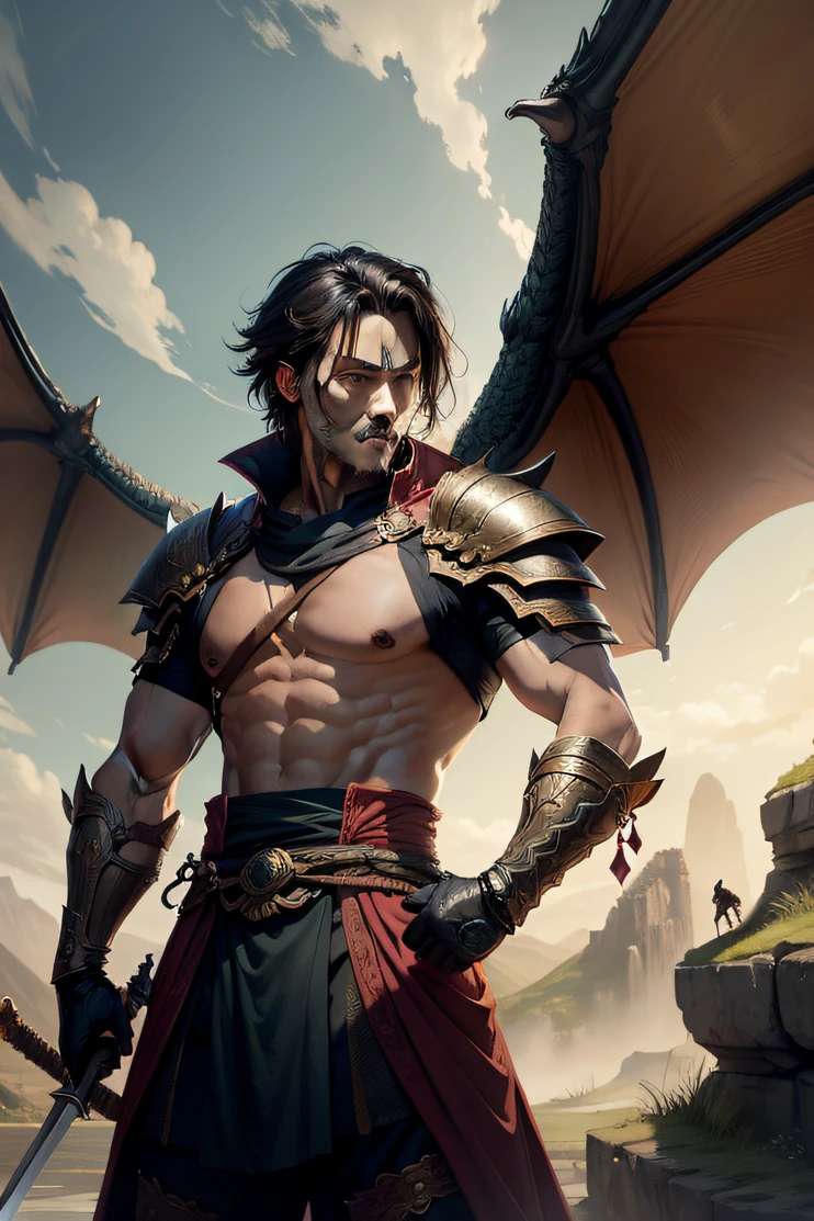 Ancient Swordsman The background has a great dragon in the background, and the land is full of depression