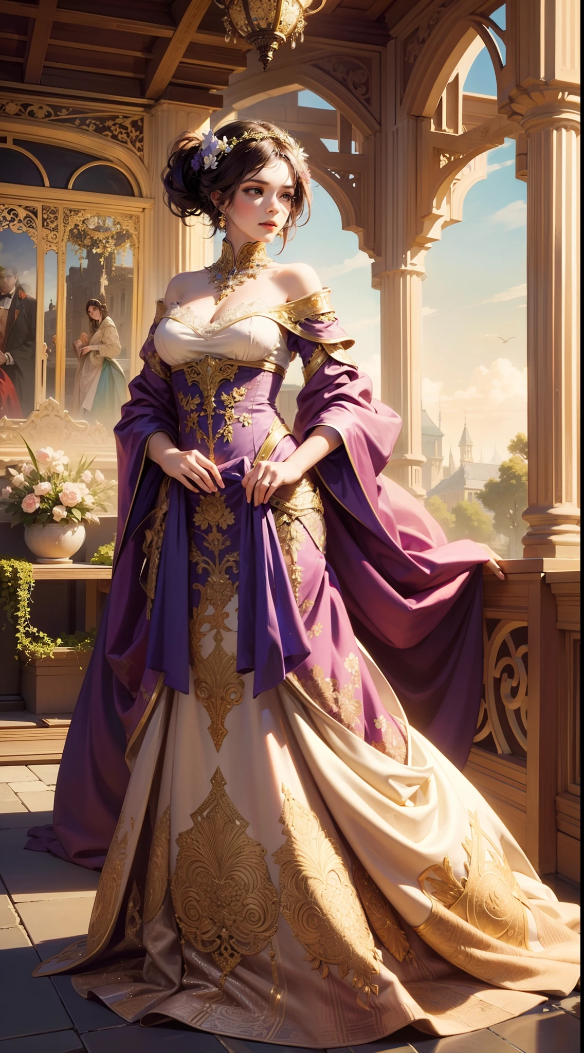 Beautiful woman in intricate Art Nouveau and floral costumes