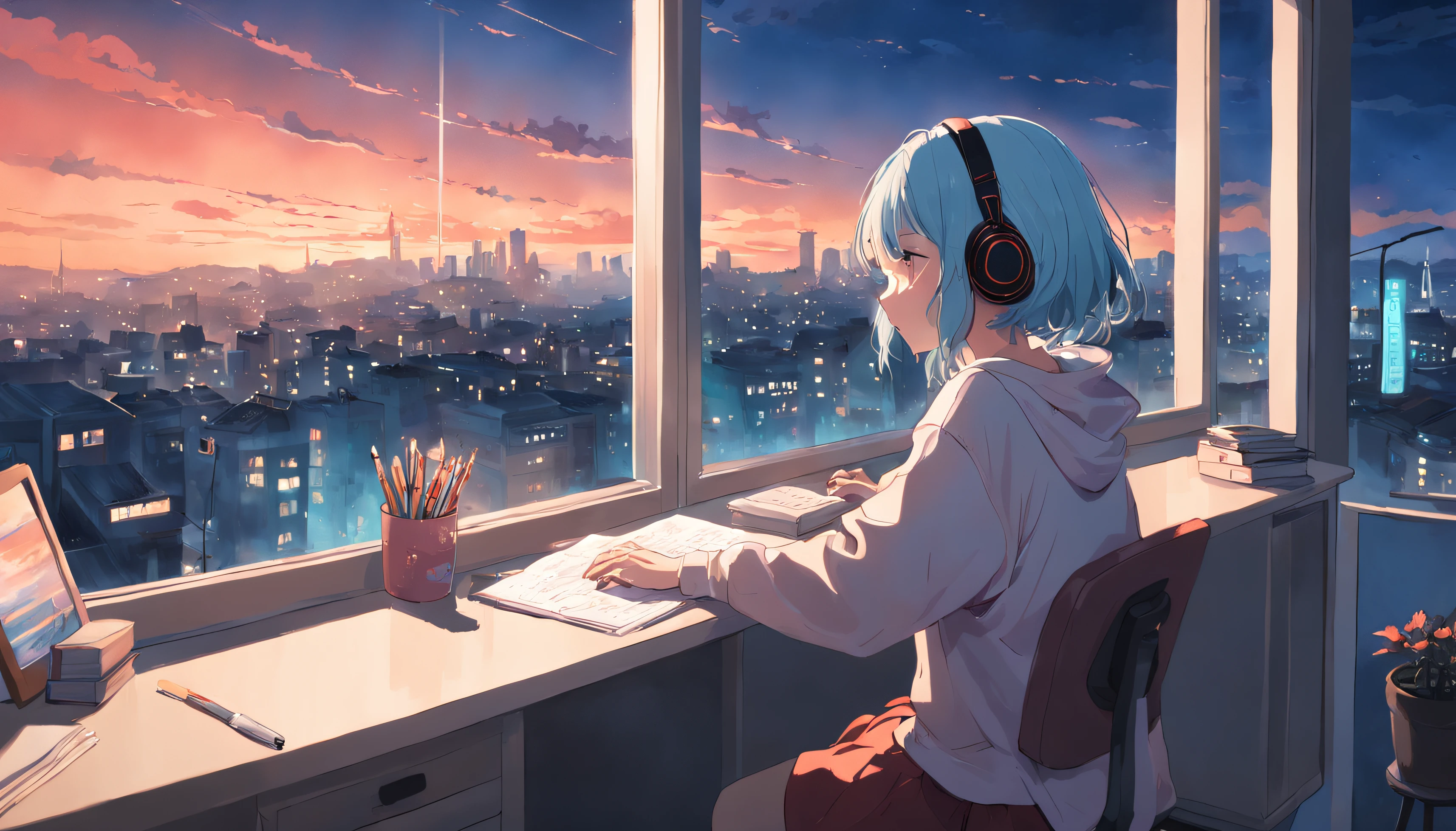 portlate、512、lo-fi、Girl in headphones sitting on a chair、Napping at your desk、Eyes closed、City view outside the window、early evening、PastelColors、Painting