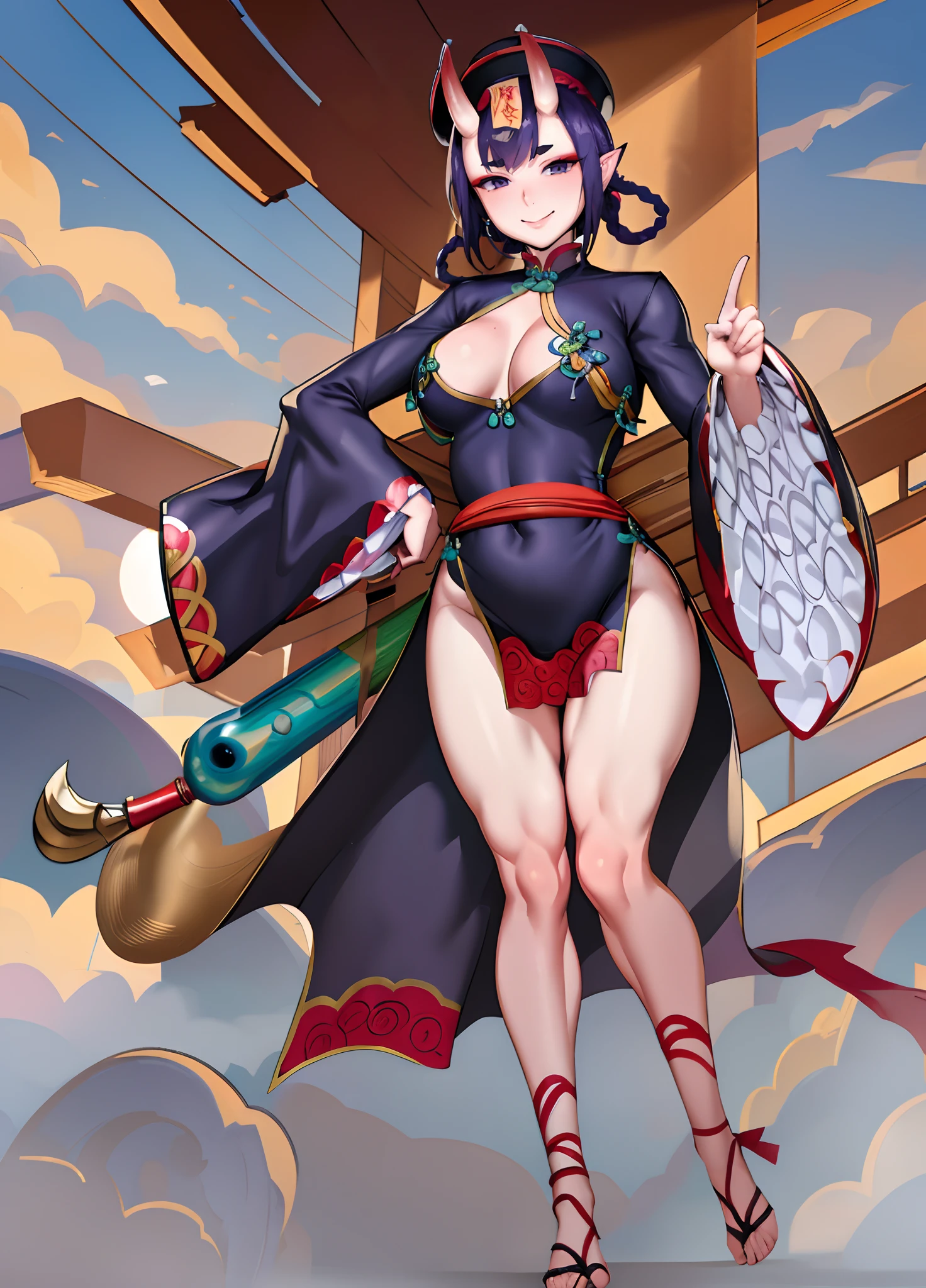 (masterpiece, best quality detailed), 1girl, solo, outdoors, bamboo forest, day, standing, smile, cowboy shot,shuten douji, jiangshi, qing guanmao, china dress, hair rings, sash, frilled sleeves, (ofuda:0.9), arms on own hips, huge breast, full body , feet
