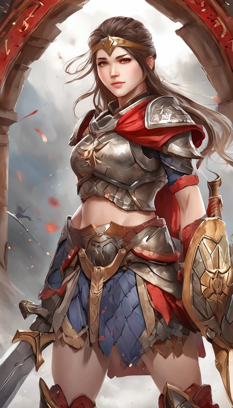 Junior Centurion Warrior,  Red and gray armor, Men and women work together, Men and women side by side, cheerfulness, Female Warrior, ultra - detailed, 8K, Unreal Engine 5, celebrating, Beautiful anime style girl all over, clean detailed faces, underdressing, analogous colors, Glowing shadow, beautiful gradation, Depth of field, Clean image, Football field setting, High quality, High detail, High definition, Luminous Studio graphics engine, Cute face, Heroic, sword, victory, full bodyesbian, Extremely detailed face, Bright eyes, Beautiful girl, fantasy, complimentary colours, insanely detailed and intricate, Ultra photo realsisim, Super detailed, Ultra HD, Vivid, Low angle