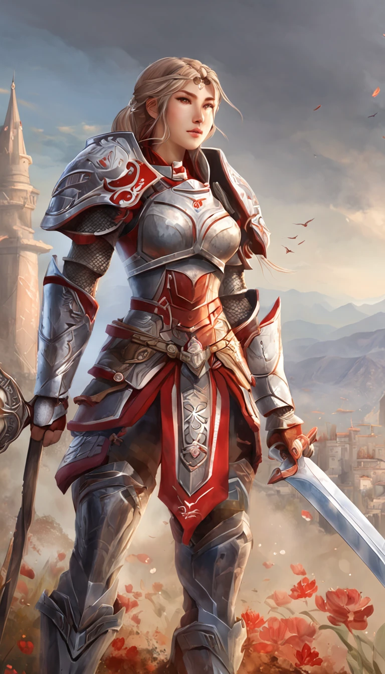 Junior Centurion Warrior, Red and gray armor, Men and women work together, Men and women side by side, cheerfulness, Female Warrior, ultra - detailed, 8K, Unreal Engine 5, celebrating, Beautiful anime style girl all over, clean detailed faces, underdressing, analogous colors, Glowing shadow, beautiful gradation, Depth of field, Clean image, Football field setting, High quality, High detail, High definition, Luminous Studio graphics engine, Cute face, Heroic, sword, victory, full bodyesbian, Extremely detailed face, Bright eyes, Beautiful girl, fantasy, complimentary colours, insanely detailed and intricate, Ultra photo realsisim, Super detailed, Ultra HD, Vivid, Low angle