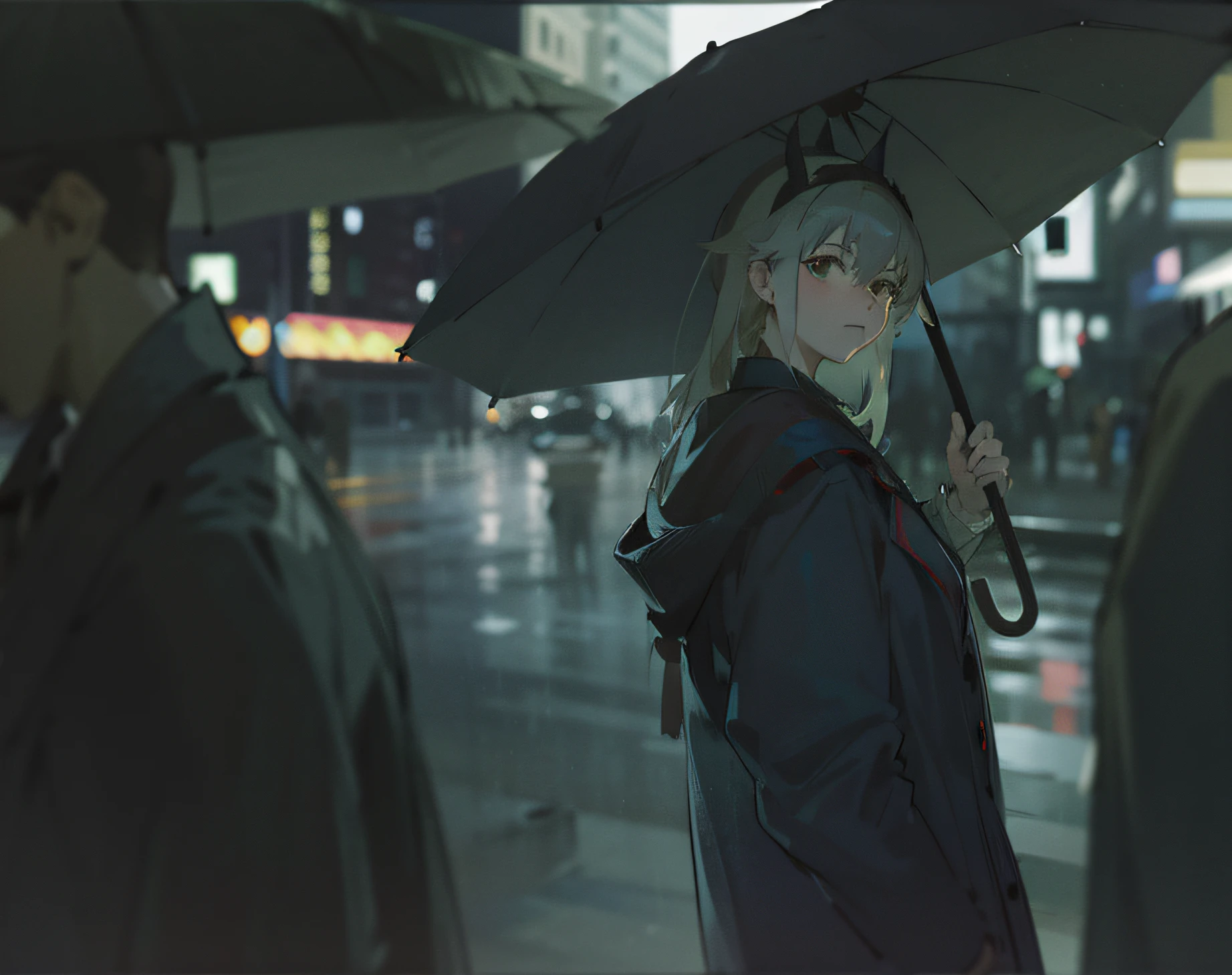Anime girl umbrella in city rain at night, Gloomy. By Makoto Shinkai, tokyo anime anime scene, Atmospheric anime, anime film still, anime big breast. Soft lighting, krenz cushart and artem demura, Anime style mixed with Fujifilm, author:Uesaka Seka, anime atmospheric, Stormy weather. Makoto Shinkai