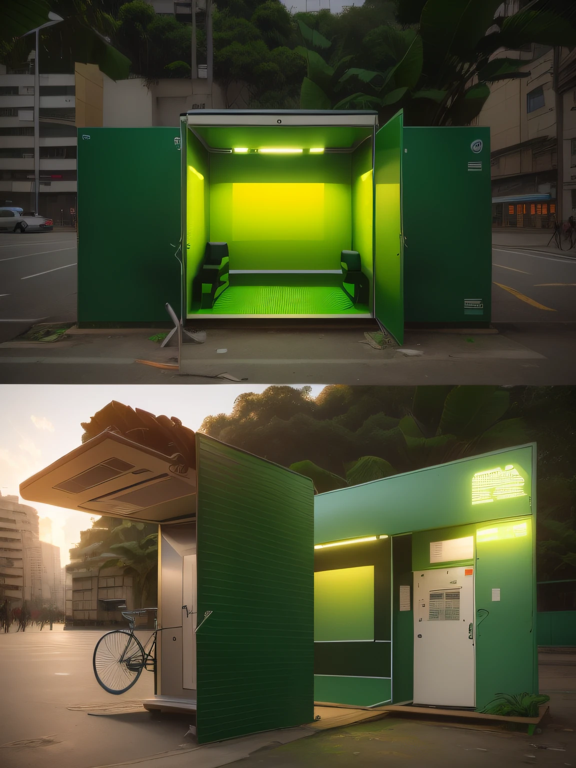 There are two photos of the green booth,There was a cyclist on it, author:David Ruby, modular, sao paulo, sao paulo, sao paulo in the year 2 0 7 0, author:Fernando Grassi, cyberpunk bus stop, futuristic sao paulo, cube portals, author:Matteo Pérez, temporary emergency shelter, author:Felipe Sid, author:Felix Araus