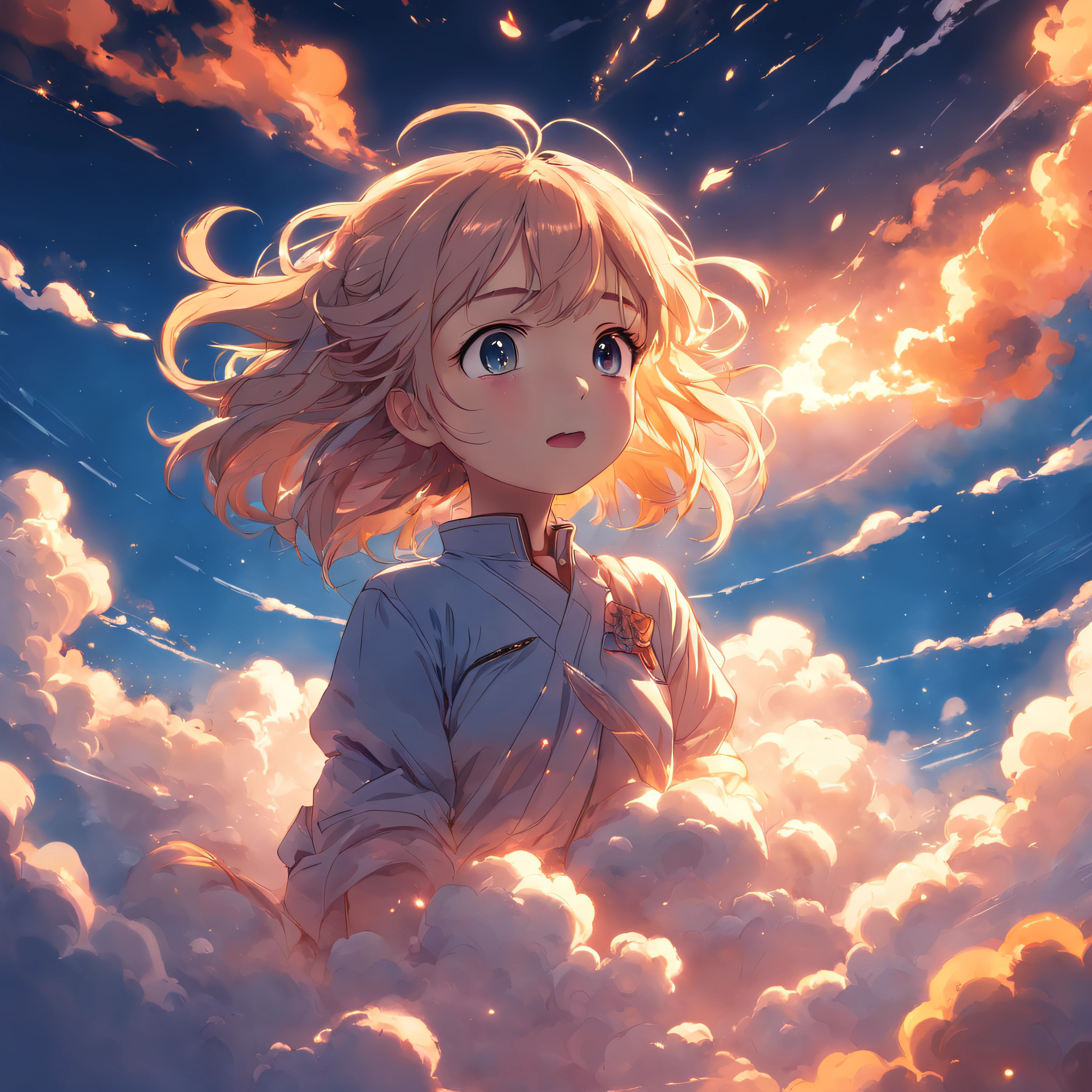 masterpiece, best quality, movie still, 1girl, cloud girl, floating in the sky, close-up, bright, happy, warm soft lighting, sunset, (sparks:0.7)