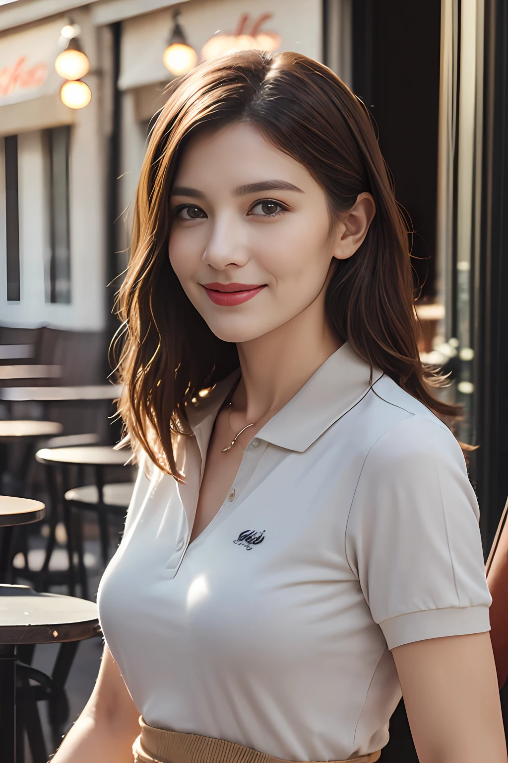 ((Parisian café scene、Realistic light、top-quality、8K、masterpiece:1.3))、1girl in、A slight smil、Slim Beauty:1.4、brown haired、Grey polo shirt、Red bean-colored long skirt、Thin Silver Necklace、A detailed eye、zoomout、Beautiful Jewish woman、