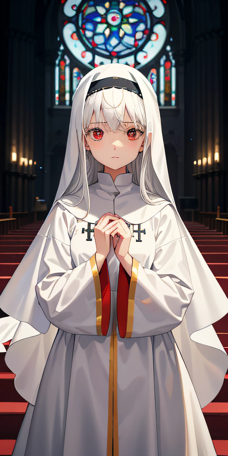 1girl, with light glowing, sidelighting, Kizi，youngest daughter，Nun costume，White hair and red eyes，Internal background of church，Colored cathedral glass，Super cute，A worried expression，The church is bright，high-definition，Put your hands on your chest，standing position