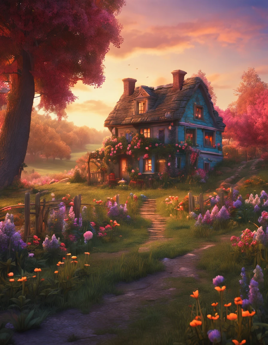 a drawing，The painting depicts a house with flowers in the middle of a field, Digital art inspired by Yevgeny Lushpin, pixabay contest winner, Fantasy art, cottagecore!!, beautiful house on a forest path, beatiful house, cottagecore, idyllic cottage, fundo de casa, Cabin in the woods, little cottage, cottage in the forest, magical scenery