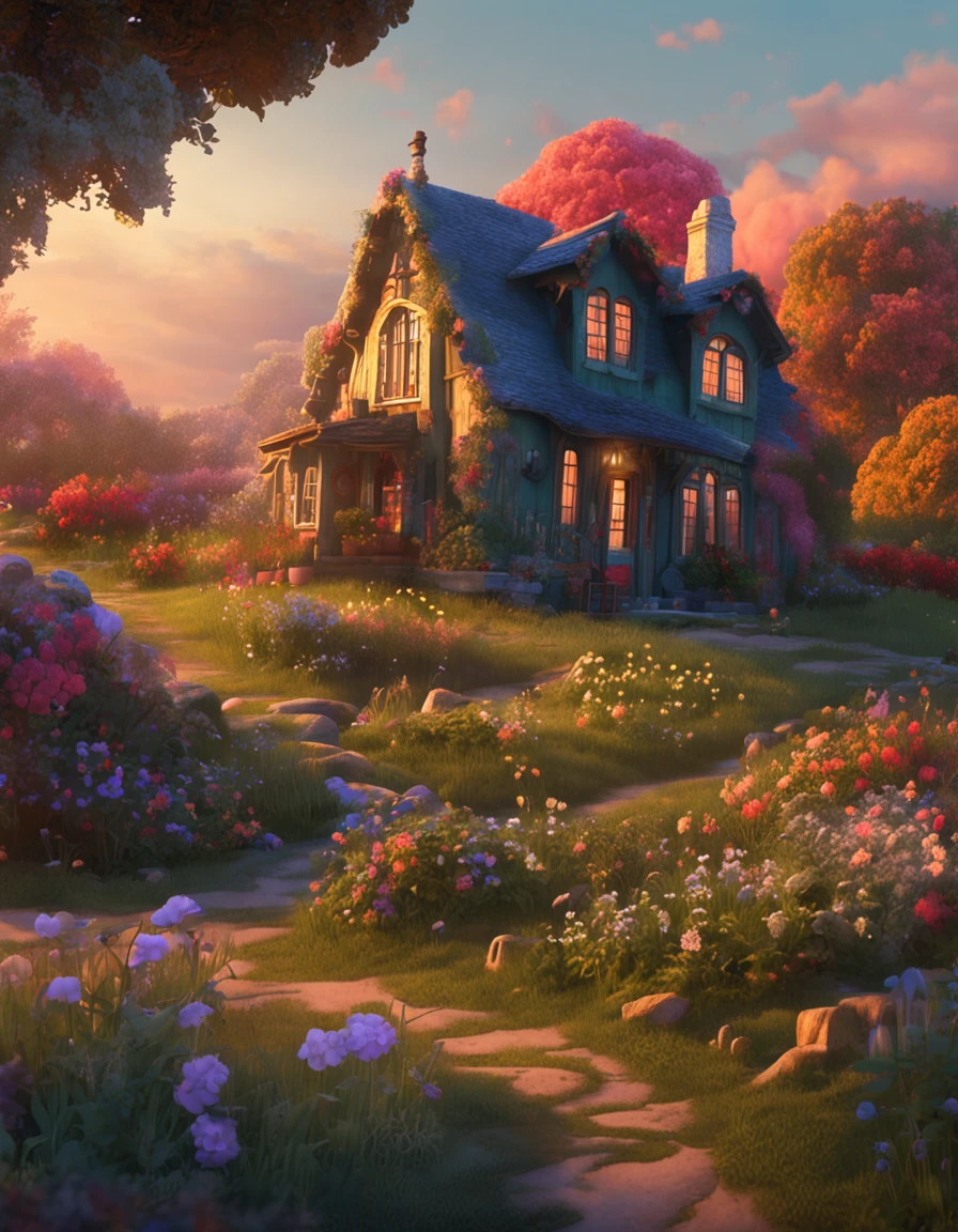 a drawing，The painting depicts a house with flowers in the middle of a field, Digital art inspired by Yevgeny Lushpin, pixabay contest winner, Fantasy art, cottagecore!!, beautiful house on a forest path, beatiful house, cottagecore, idyllic cottage, fundo de casa, Cabin in the woods, little cottage, cottage in the forest, magical scenery