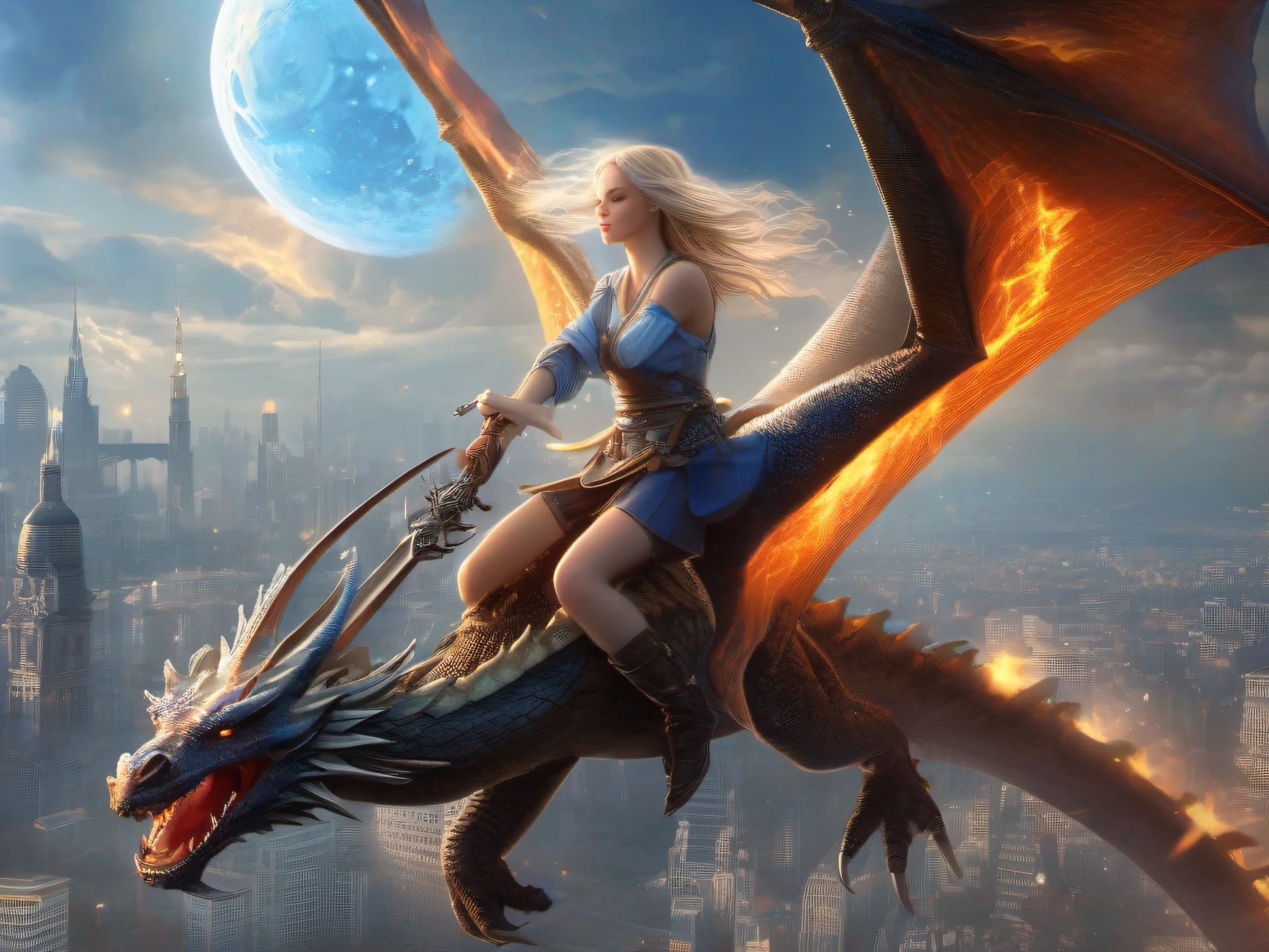 (Best Quality, Masterpiece: 1.1), (Realistic: 1.4), Beautiful girl is riding on the dragon, flying in the sky, god ray ,, silver short hair, blue eyes, over the city, fractal art,Girl holds a sword in her right hand、Dragon breathes fire from its mouth，The city on fire
