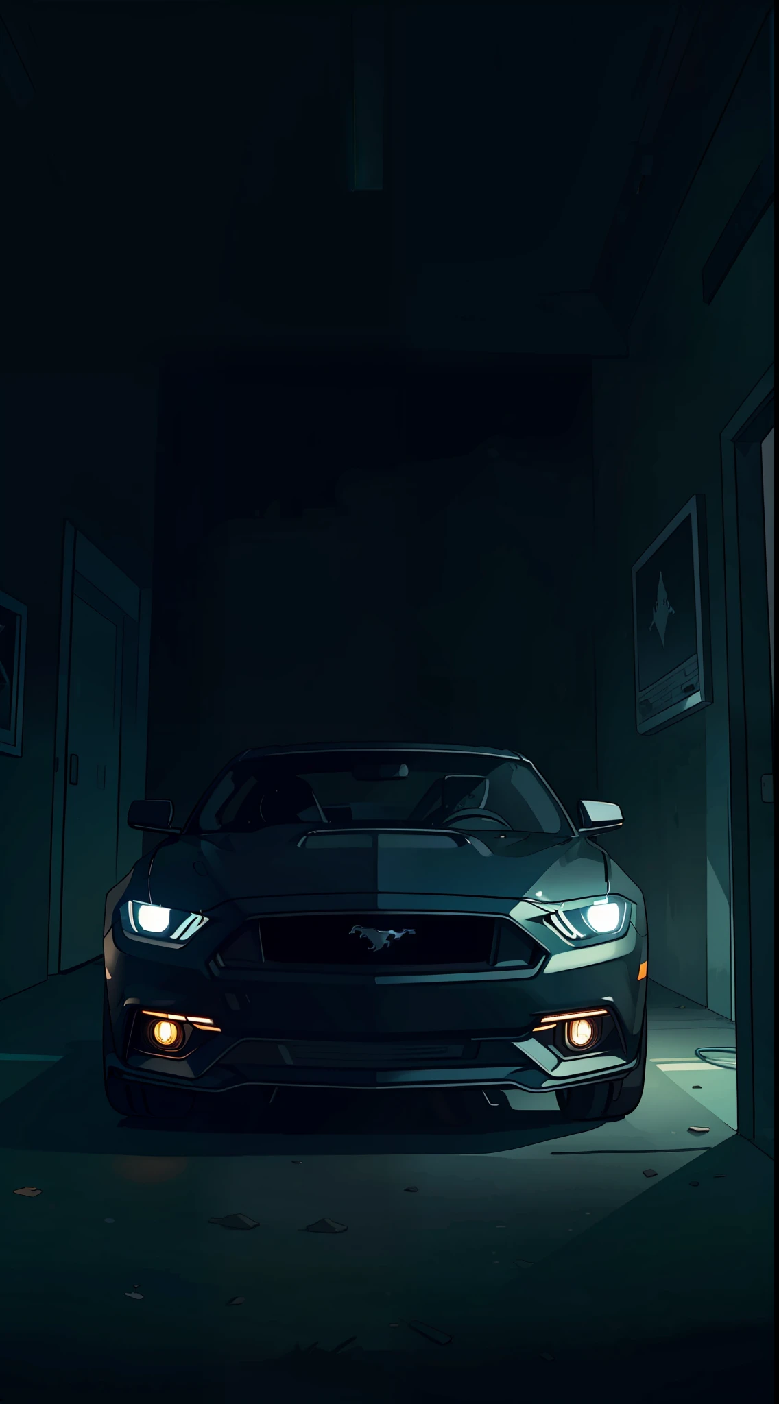 A mustang in a dark, pitch black room with headlight on. Only the headlights visible. Everything ese pitch black.