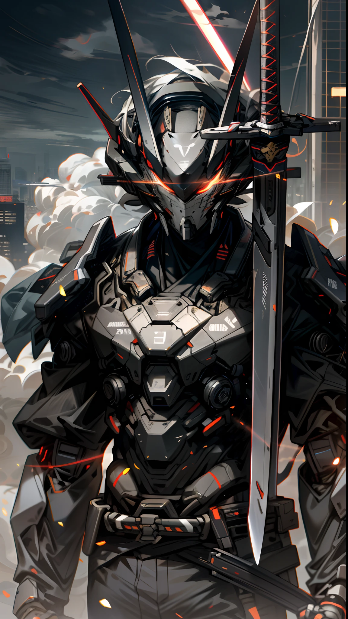 Skyscraper night sky, Cloud, Holding_arma, No_Humanity, Glow, Ninja robot, architecture, Science fiction, urban, Reality Upper body straight forward Glowing body Glowing red eyes holding a sword(Tachi weapons) a broad shouldered --v6