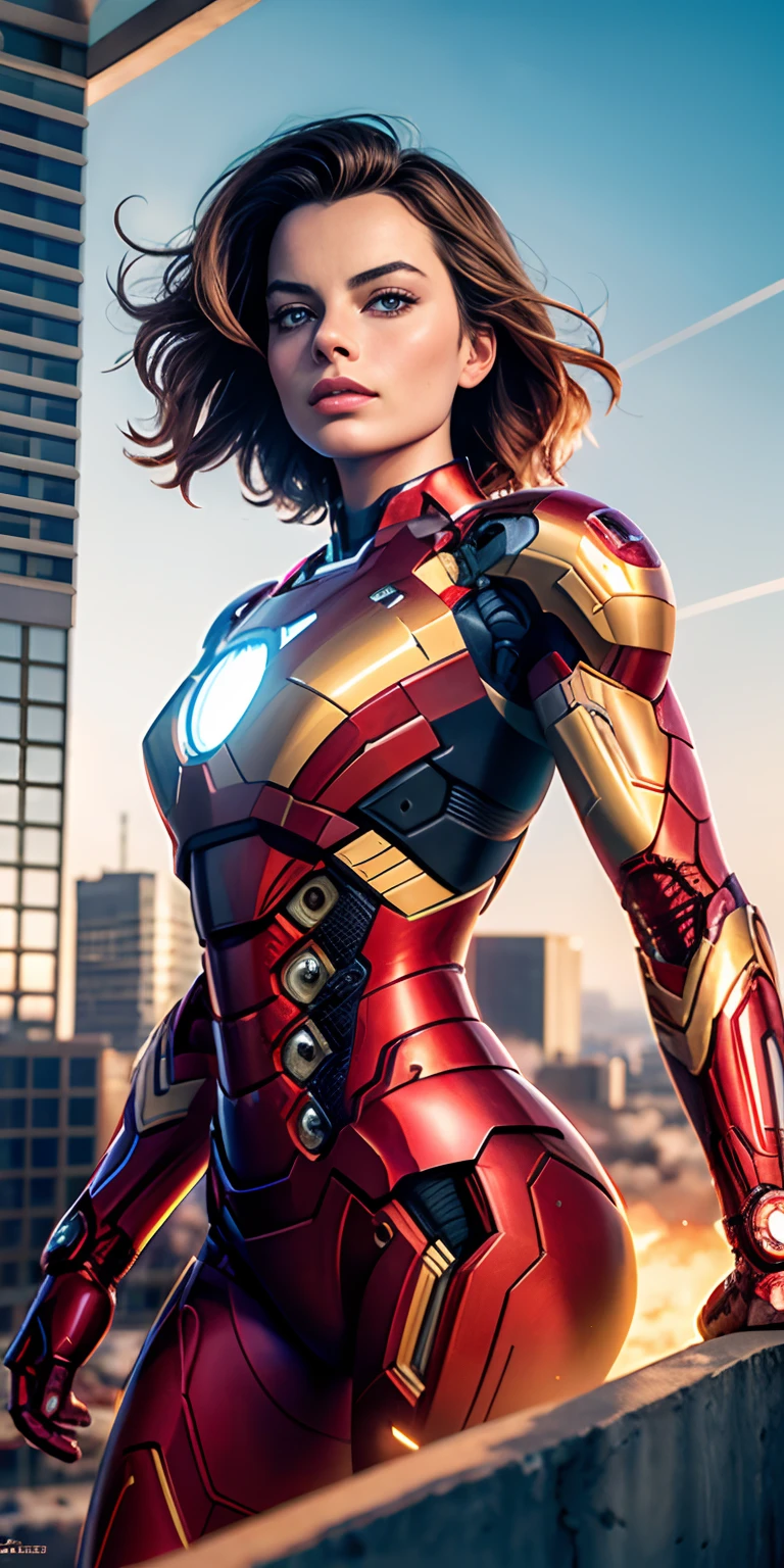 (Margot Robbie: 1.3), solo. __Partes del cuerpo__, arte oficial. Fondo de pantalla de 8k. Unidad ultra detallada, beautiful and aesthetic. Obra maestra, mejor calidad. RAW, obra maestra. Super fine photo, mejor calidad. resolution super tall, fotorrealista, luz del sol. Retrato de cuerpo completo, unbelievably beautiful. dynamic pose, rostro delicado, ojos vibrantes (vista lateral). Lleva un mech futurista de Iron Man, rojo y dorado. Fondo de una ciudad destruida por bombas, altamente detallado. Cara detallada, fondo ocupado y complejo, detallado y desordenado, hermoso y lechoso. Piel muy detallada, con detalles realistas de la piel y poros visibles. foco nítido, volumetric mist. 8k UHD, High quality DSLR camera, with film grain. Piel clara, fotorrealismo, lomografía. Sprawling metropolis in a futuristic dystopia, vista desde abajo, translucid.