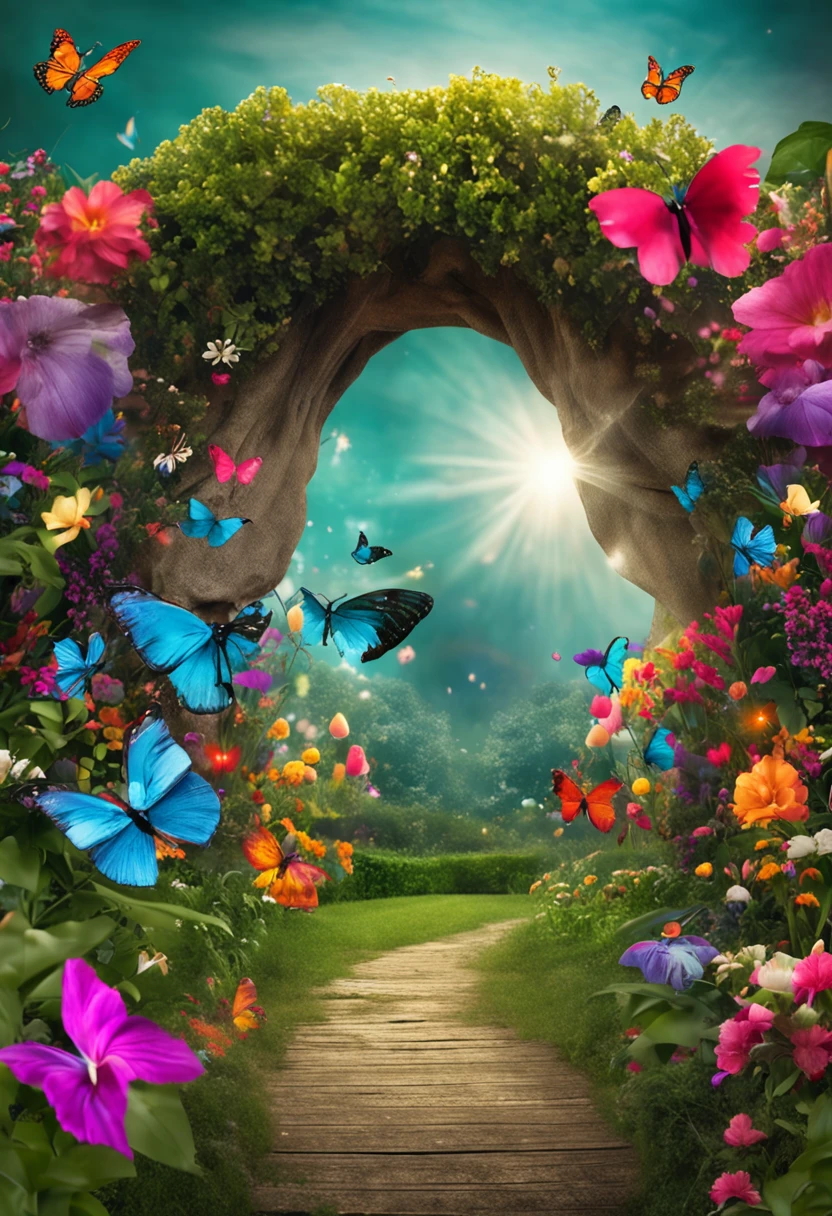 CREATE ME A BACKGROUND FOR PHOTOGRAPHY WITH AN ENCHANTED GARDEN THEMECOELEMENTS FLOWERS BUTTERFLIES TREES BIRDS AND EVERYTHING VERY COLORFUL