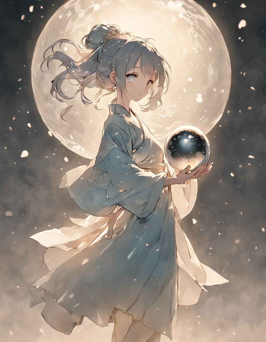 A girl holds a hollow silver ball in her arms，ink wash style，Leave some blanks，Low saturation colors，Full body like，Chinese Ancient Times，highly details，Gorgeous costumes，Delicate silver products