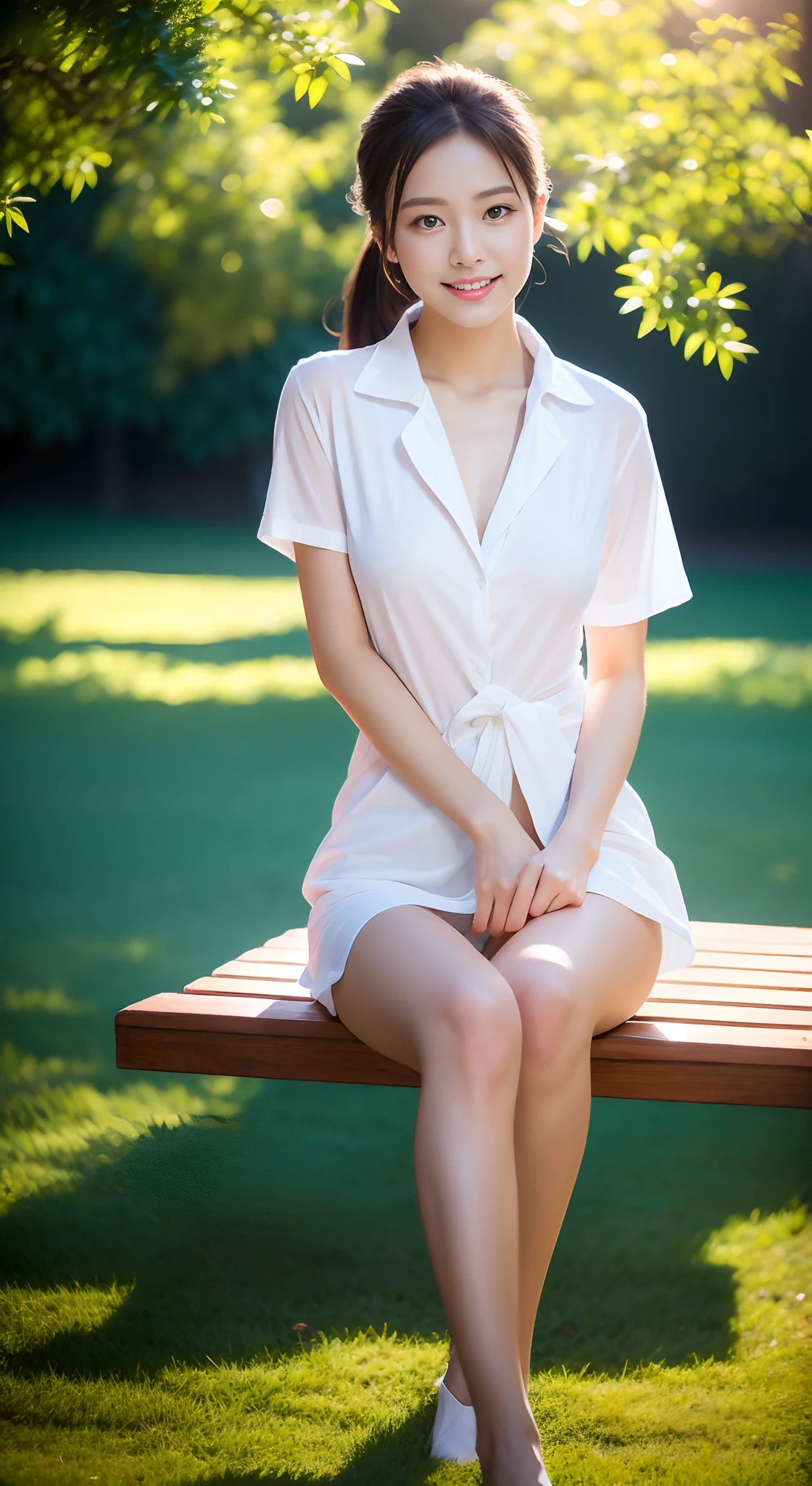 1 beautiful woman taking pictures on the grass of the villa，RAW photos，tmasterpiece，（highdetailskin：1.2），8k ultra high definition，digital SLR camera，gentlesoftlighting，high high quality，filmgrain，富士XT3，20 years old Asian woman，Wear simple clothes，（White long nurse uniform:1.2 and long skinny jeans:0.7，Detailed clothing details:1.3），（Rained，The clothes are wet:1.0，There are water droplets on the skin）， perfect body figure，Perfect breasts and nipple bulge，The legs are straight and slender，Branded stylish shoes:0.6，Super detailed facial details and skin，Fair pink face and skin，The skin is pink，with light glowing，二重まぶた，Super detailed eyes，Sweet smiling，High ponytail hair，Beautiful accessories， (Gloss on lips, eyeslashes, Glossy face, Best quality, Super high resolution, warm color，Wide lighting, naturalshadow),Sit on a bench，Boldly spread your legs to reveal your panties，Chest hyperexcion， Show off your beautiful body, Full body shooting: 1.8