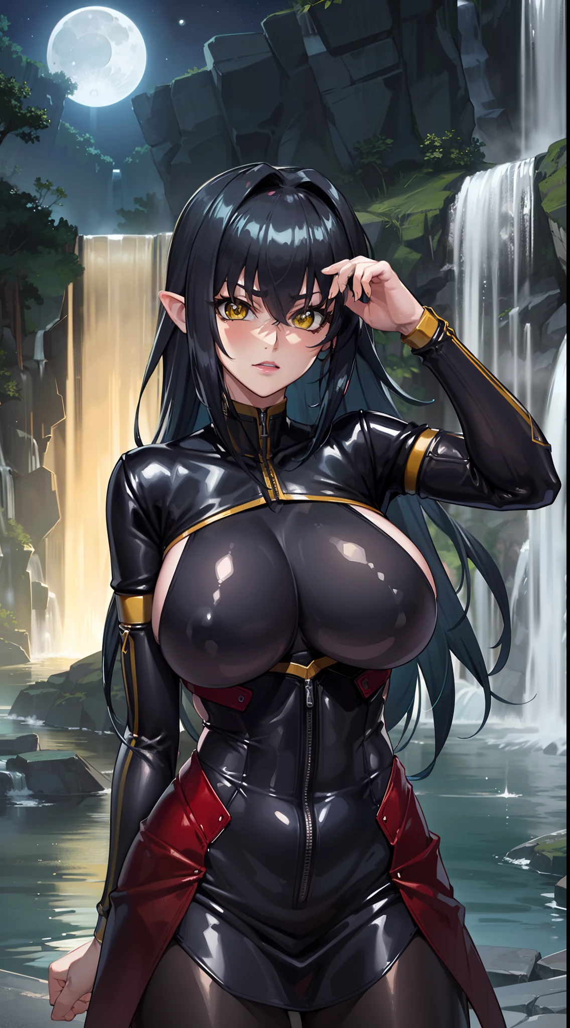 professional artwork, Intricate Details, field of view, sharp focus, detailed painting, photorealistic lighting, trending on pixiv,(masterpiece:1.0),(best_quality:1.0), ultra high res, ultra-detailed, photography, 8K, HDR, highres, absurdres:1.2, Kodak portra 400, film grain, sharp focus, bokeh:1.2, lens flare, (vibrant_color:1.2), (((rounded by waterfall at night moon:1.4))), Annerose, 1girl, female mature, ((long hair, black hair:1.4)), (((yellow iris:1.4, black pupil, thyper detail eyes))), (((large breasts:1.4))), ((bodysuit)), skin tight, hair intakes, (((solo:1.4))), (upper body, half body shot, covered breasts), (seductive pose, ahegao), shiny clothes, (((looking at viewer))), (((upper body, half body shot))), (((hyper details)))