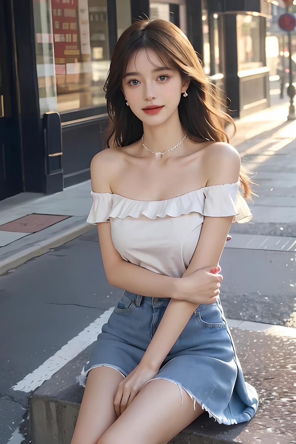 ((jon,the hair)), Stand up, (An extremely delicate and beautiful work), (tmasterpiece), 1girll, Delicate shoulder top,Delicate jeans,beautifullegs, highly detailed, long whitr hair,full bodyesbian, Enchanted smile, beautiful and clear eyes, delicatenecklace, Delicate earrings, Extreme detail description, big breasts beautiful,s delicate face, fine collar bone,lovely lips, Behind the softness, mix4,(8K, RAW photos, best qualtiy, tmasterpiece:1.2), (realisticlying, photograph realistic:1.4), 1girll, adolable, the street,physically-based renderingt, full bodyesbian,school uniform