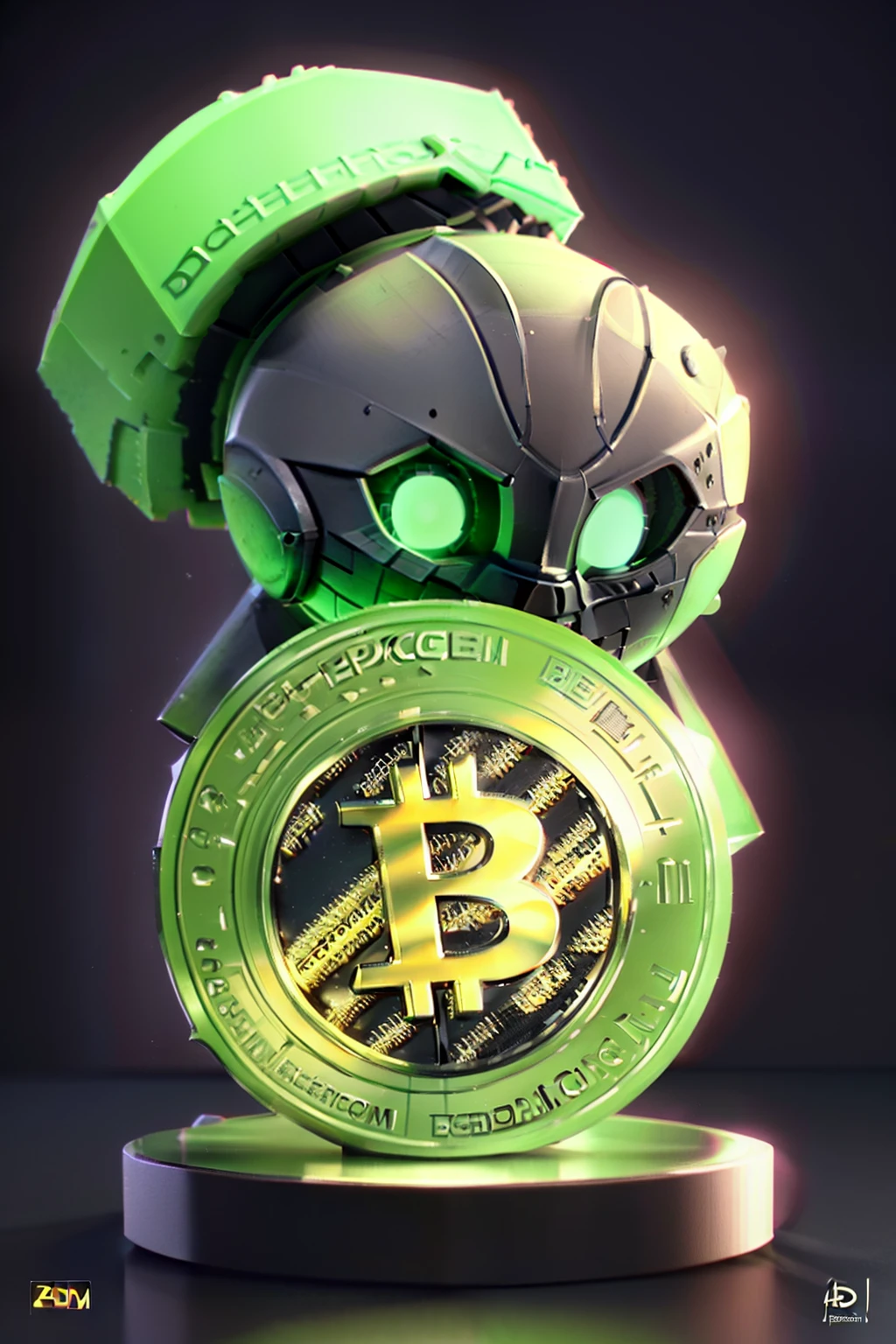 a close up of a bitcoin on a pedestal with a black background, bitcoin evil, official render, depicted as a 3 d render, 3 d render official art, 3 d render stylized, high res render, rendered in sfm, 4 k octan render, rendered in keyshot, colored zbrush render, satoshi