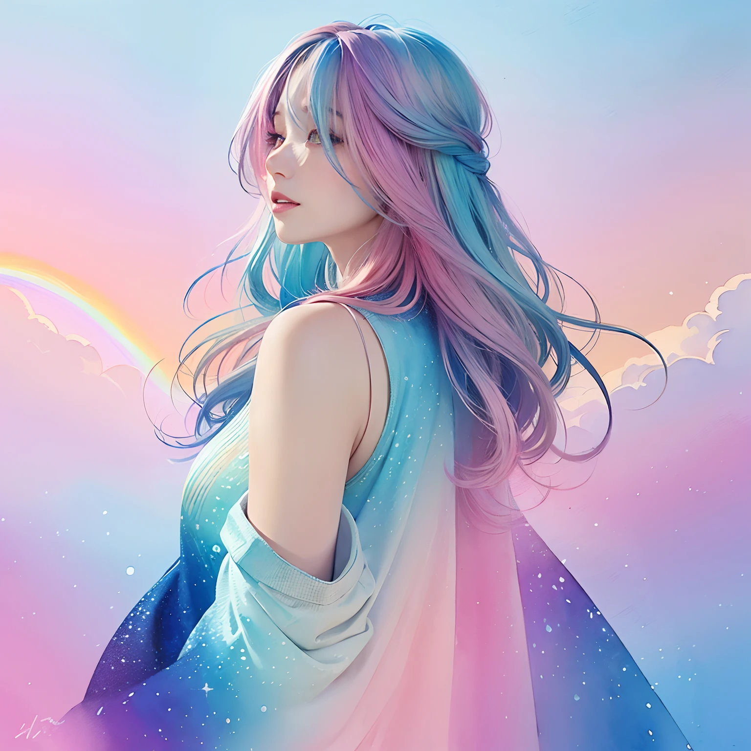 (masterpiece, top quality, best quality,watercolor (medium),official art, beautiful and aesthetic:1.2),(1girl:1.3), (fractal art:1.3),upper body, from side, looking at viewer,patterns,(rainbow color Hair,colorful hair,half blue and half pink hair:1.2),water,liquid, cloud,colorful, starry,stars,