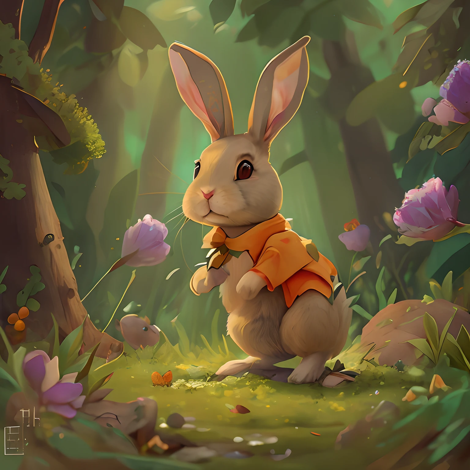 There was a rabbit standing on the grass，blossoms, lovely digital painting, Cute detailed digital art, edgBunny_Character, cute anthropomorphic bunny, author：Ryan Yee, adorable digital art, digital painting highly detailed, anthropomorphic rabbit, cute forest creature, epic digital art illustration, childrens art in artstation, A beautiful artwork illustration