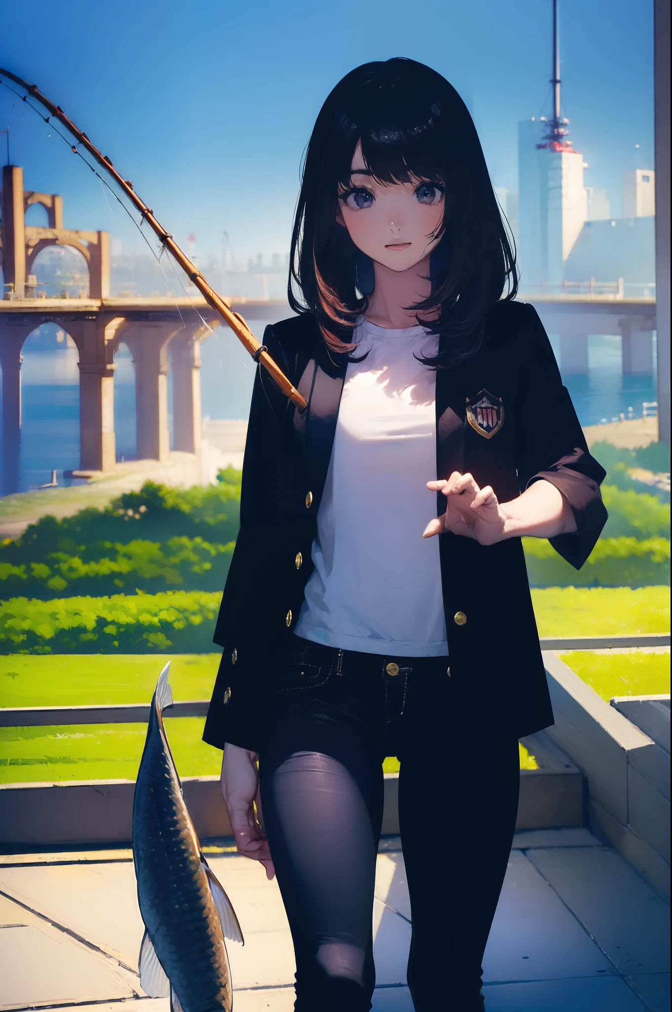 ((((Catching a big fish by the lakeside:1.5)))),((Female 28 years old)),((Best Quality:1.5)),(((Hands with the correct number and structure of fingers:1.4))),((Big fish:1.37)),hight resolution,ultra-detailliert,masterpiece,best qualtiy,Eight-headed body,Black hair, long eyeslashes, Solid Circle Eyes, drop shadow, Atmospheric perspective,Super Detail, ccurate, small brest,(Black jacket and black jeans :1.1),top-quality, blurry backround, bokeh dof:1.2, (masterpiece:1.3), Atmospheric perspective,Super Detail,dynamic compositions,