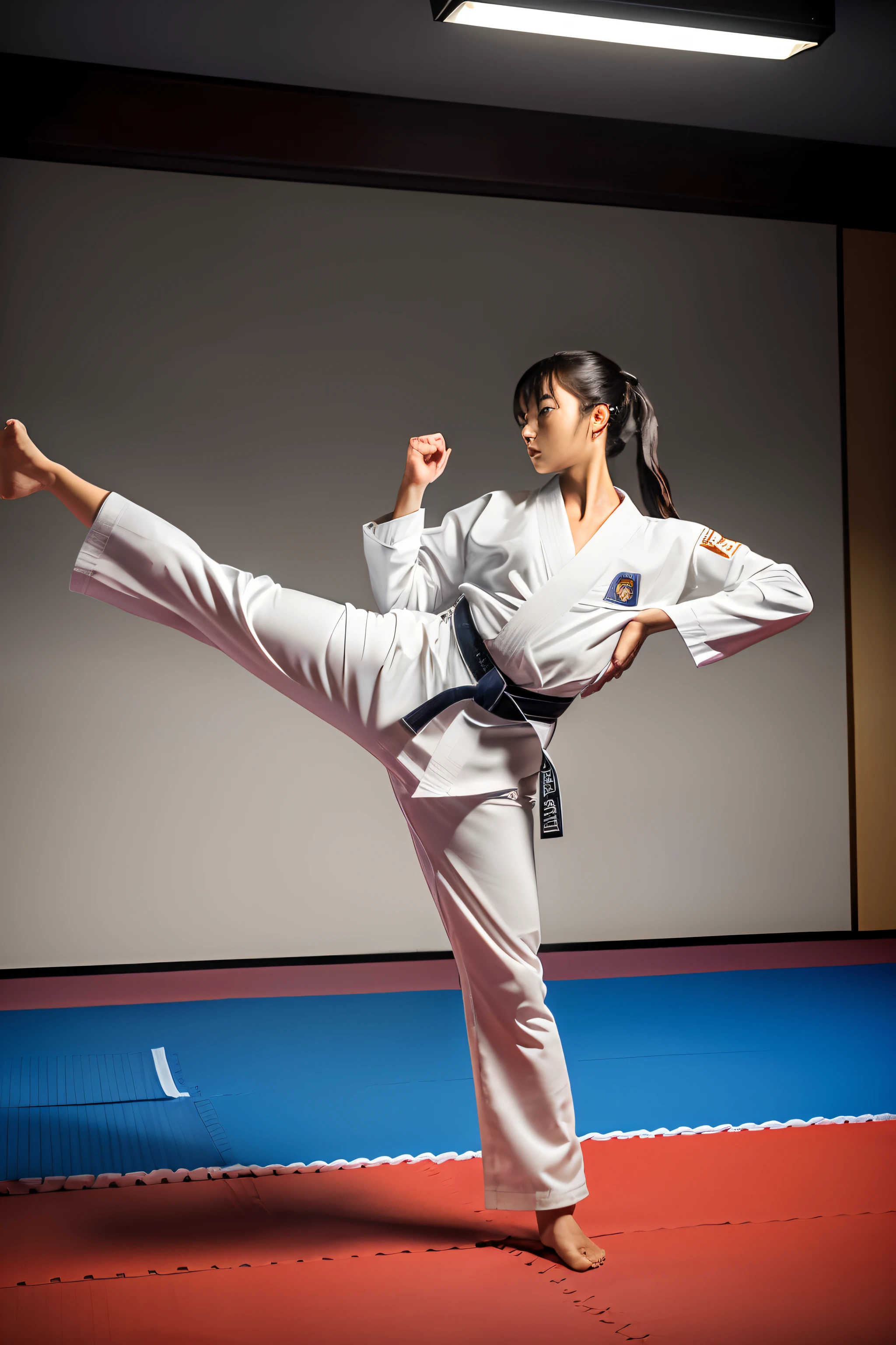 (8K、Raw photography、qulity、、、、、、masterpiece:1.2)、(realisitic、Photorealsitic:1.37)、(1girl in), Karate girl in Japan、18 years old、White thin karate uniform、Fighting, (Kick Pose:1.0), ((Spinning kick:1.0)), Training room in the dark、solemnity、(Cowboy Shot)、Be intimidating、Dignified atmosphere、Slightly stiff figure、(big butts), Tight lower body、Karate pants that adhere to the skin, (Camel toe), ((Skindentation)), (From below)