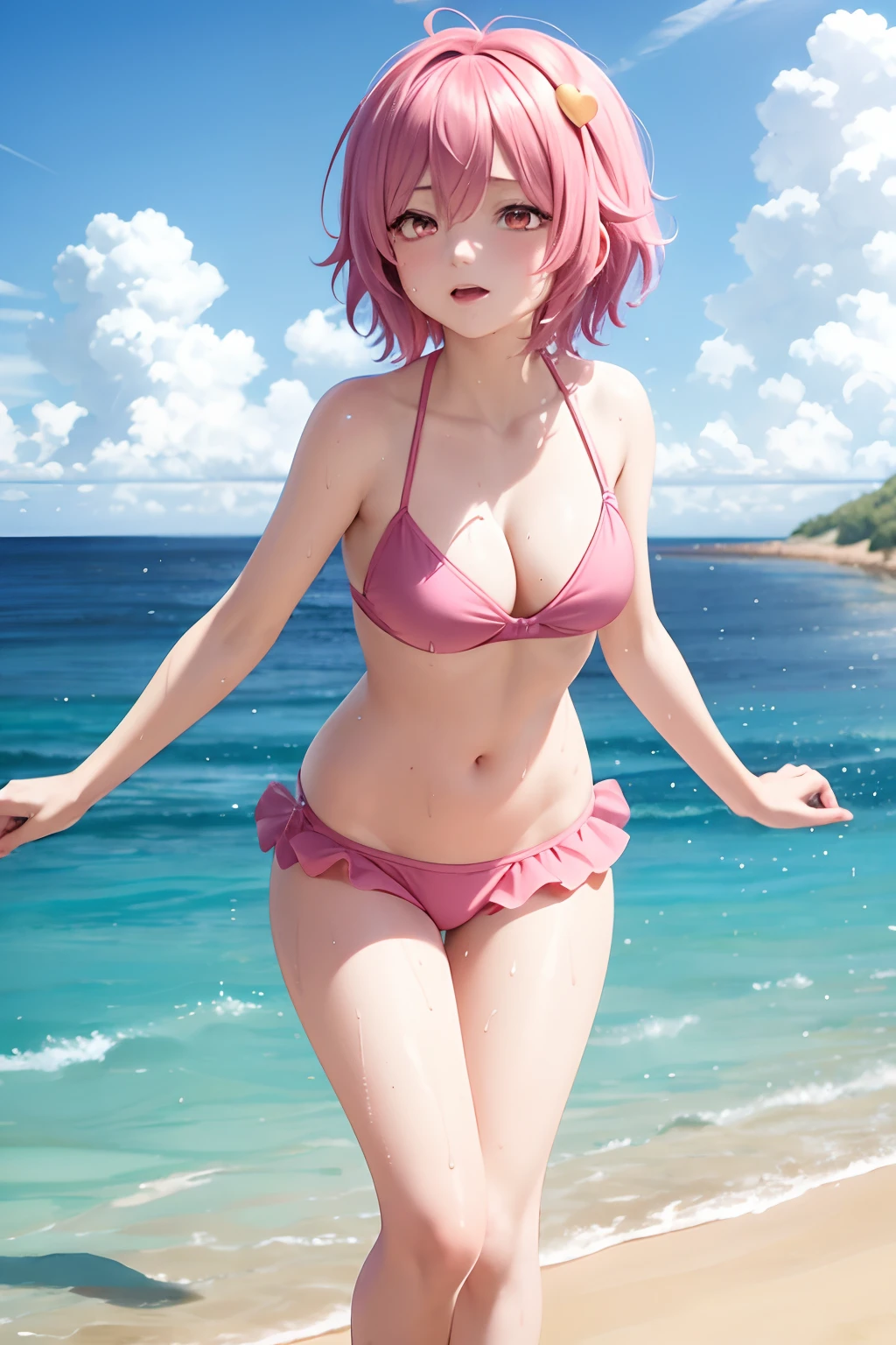 masutepiece, Best Quality,   1girl in,Komeiji Satori,Ahoge, Pink hair,Pink eyes,Short hair,shairband,  3rd eye, Sea and sandy beach background,Pink ruffled bikini、the whole body is wet